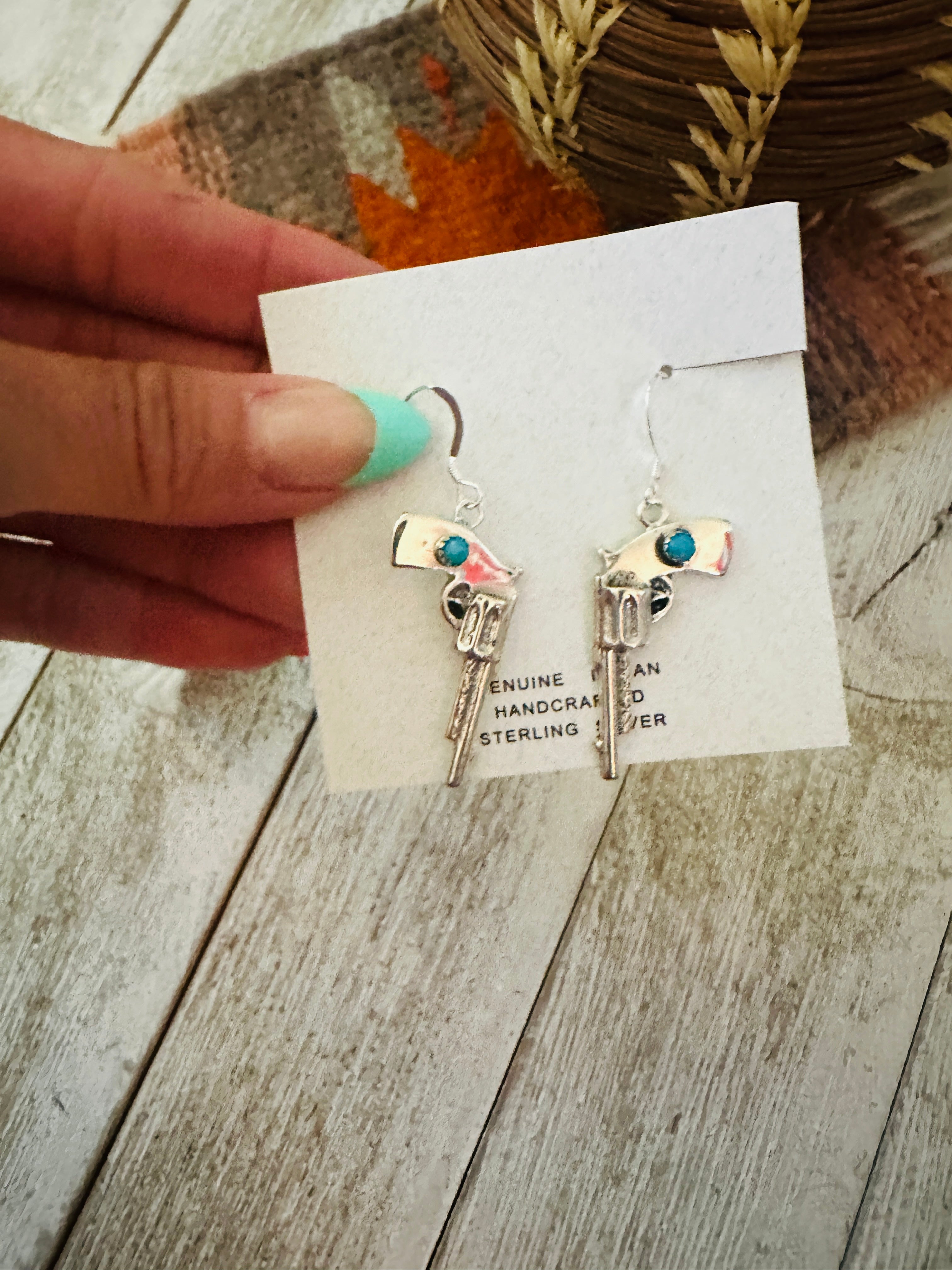 Handcrafted Turquoise And Sterling Silver Pistol Dangle Earrings