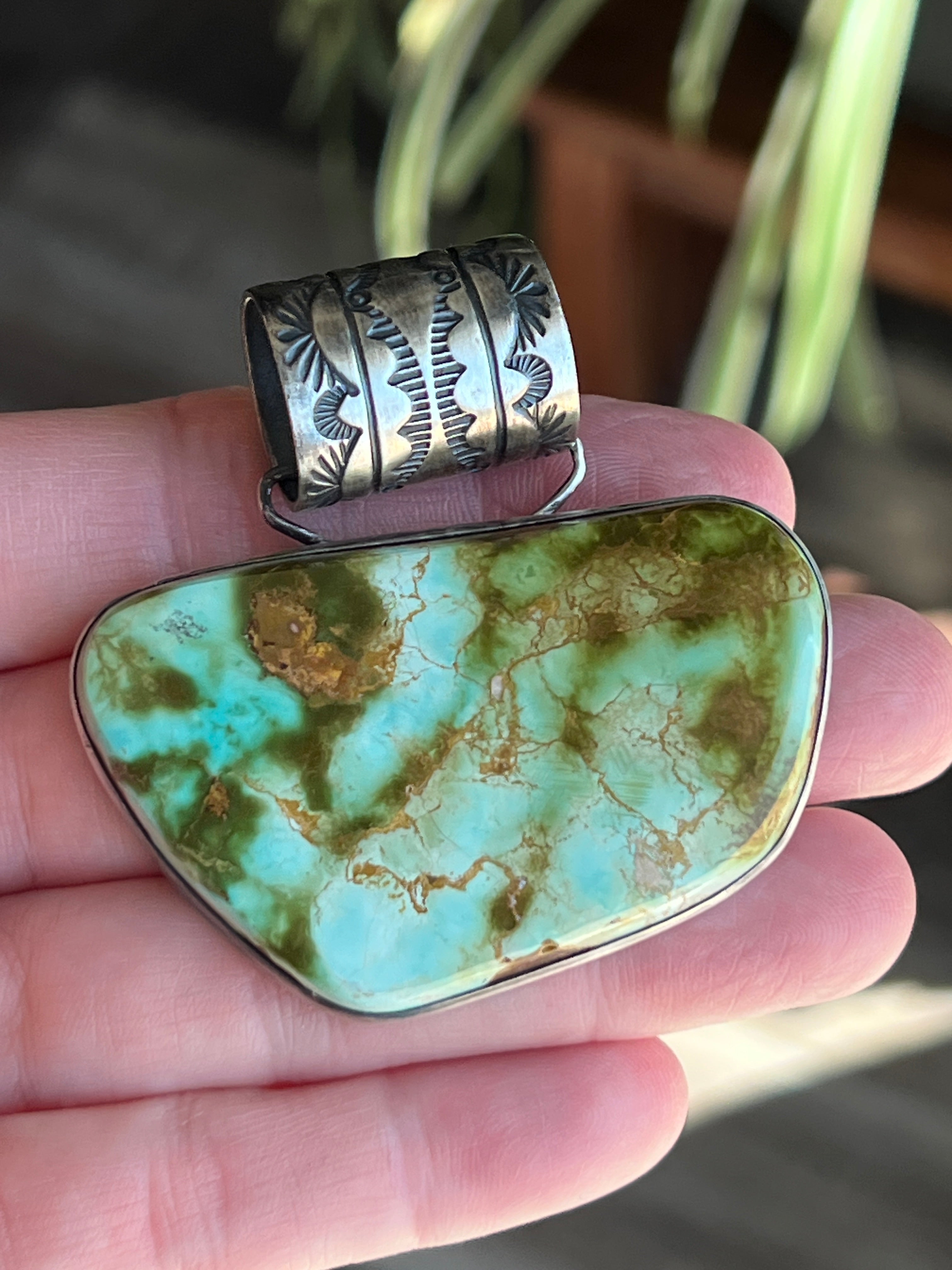 Handcrafted Sterling Silver and Royston Turquoise Solo Pendant by Angela Martin