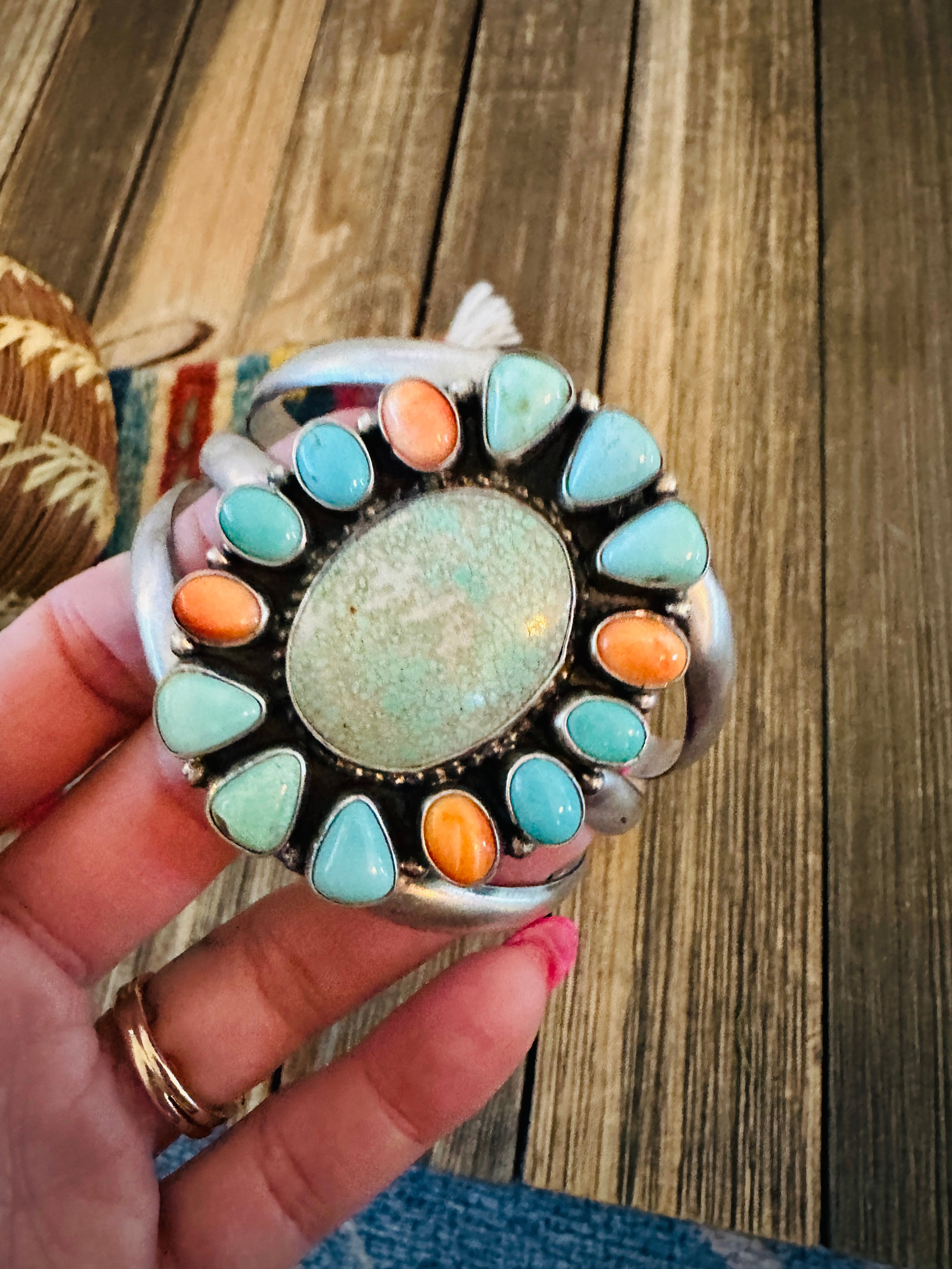Handcrafted Dry Creek Turquoise, Orange Spiny & Sterling Silver Cuff Bracelet by Sheila Becenti