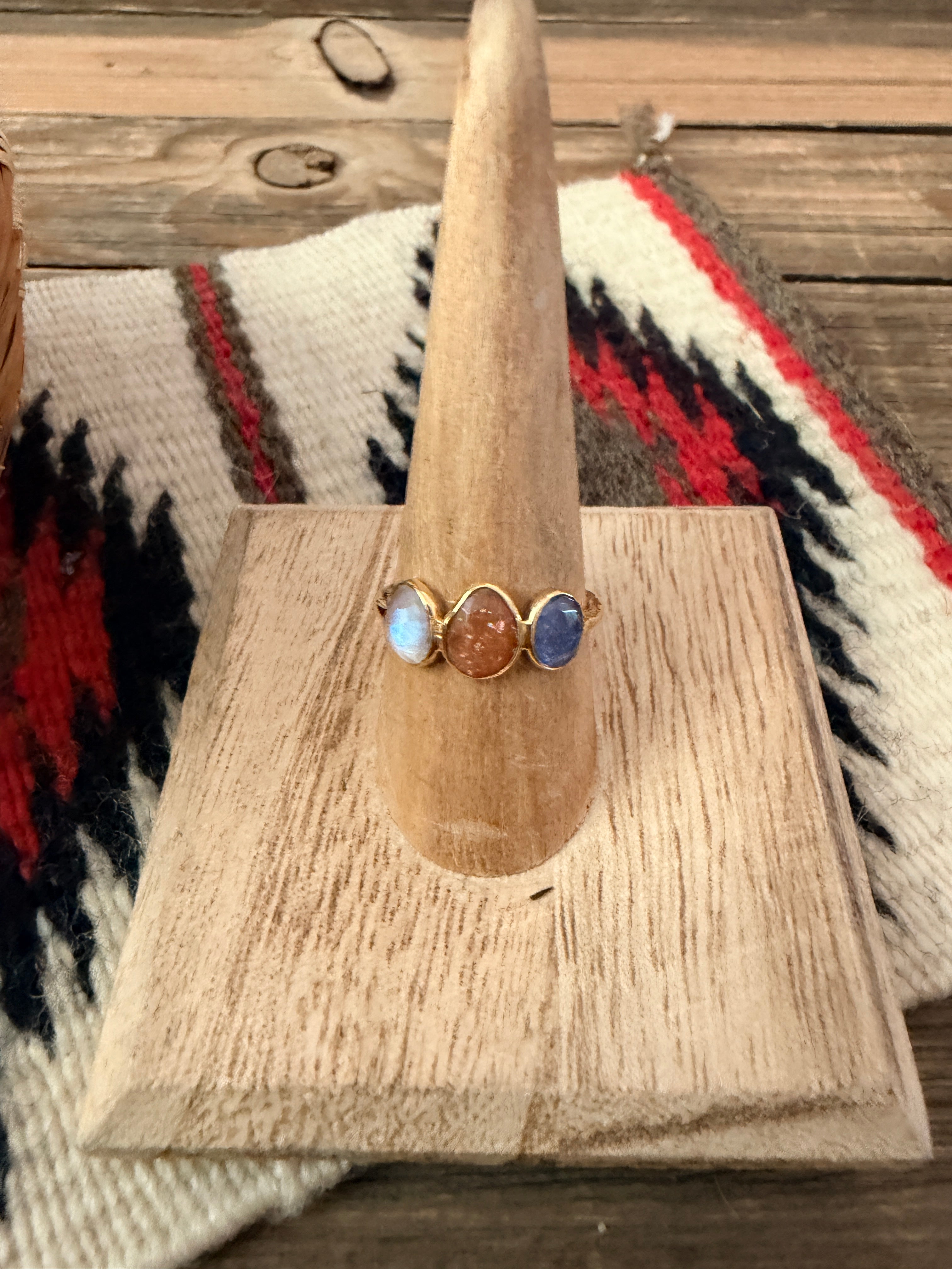 Handmade 18K Gold Vermeil Sterling Silver & Multi Stone Ring Size 8