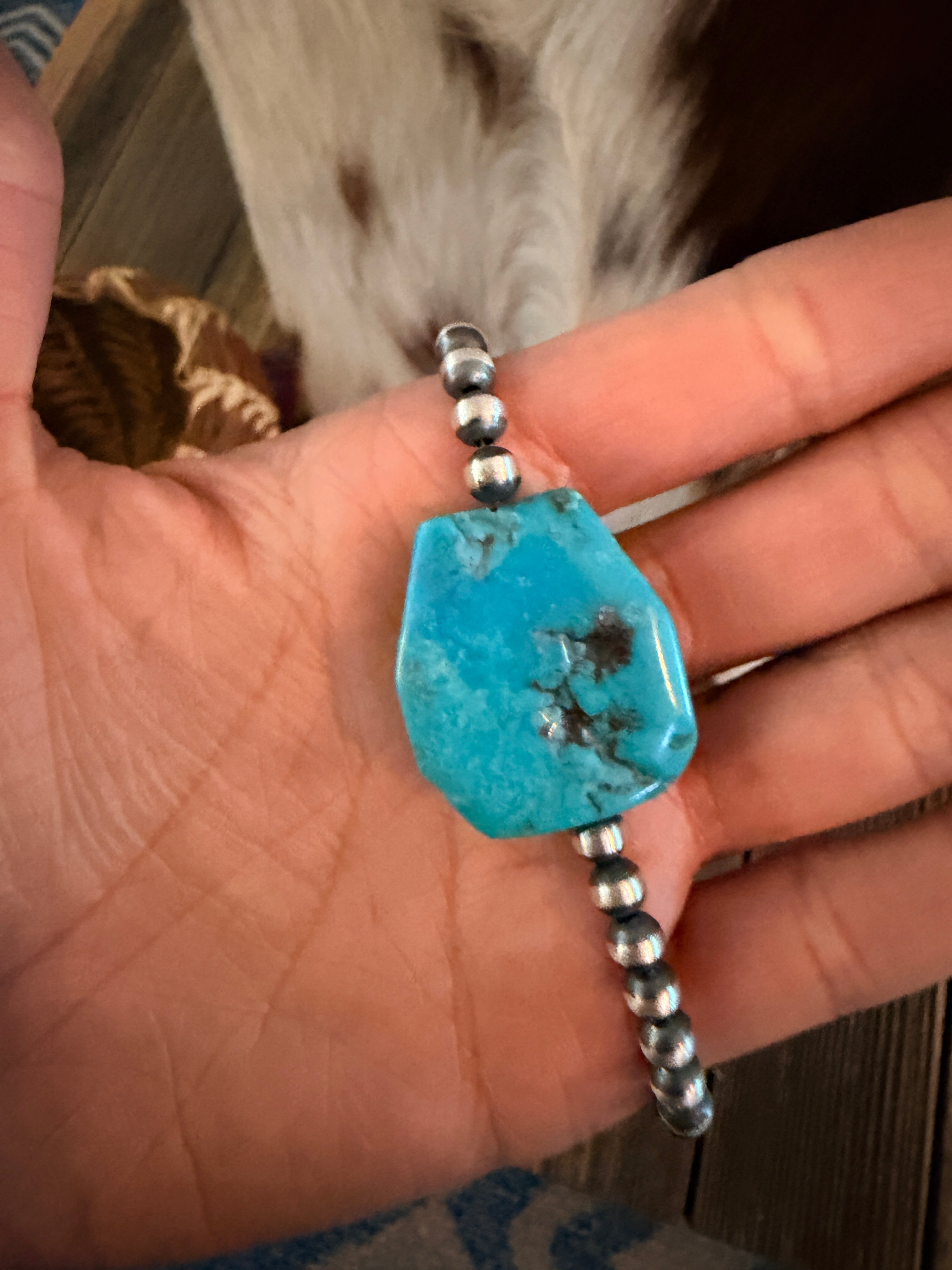 Handcrafted Kingman Turquoise & Sterling Silver Pearl 18” Beaded Necklace