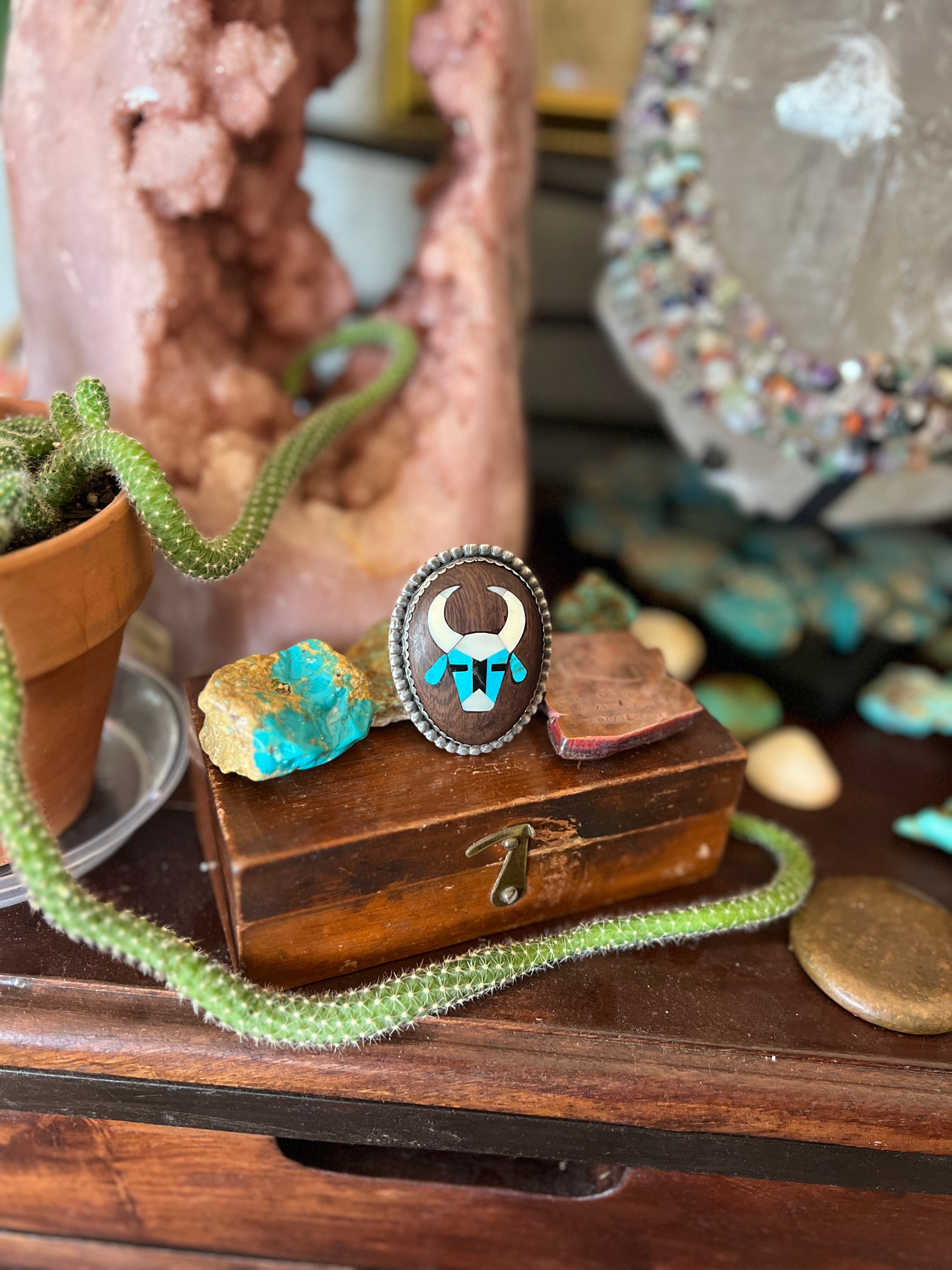 Vintage Sterling Silver and Wood Ring with Turquoise and Mother of Pearl Inlay Steer Head, Size 10.5