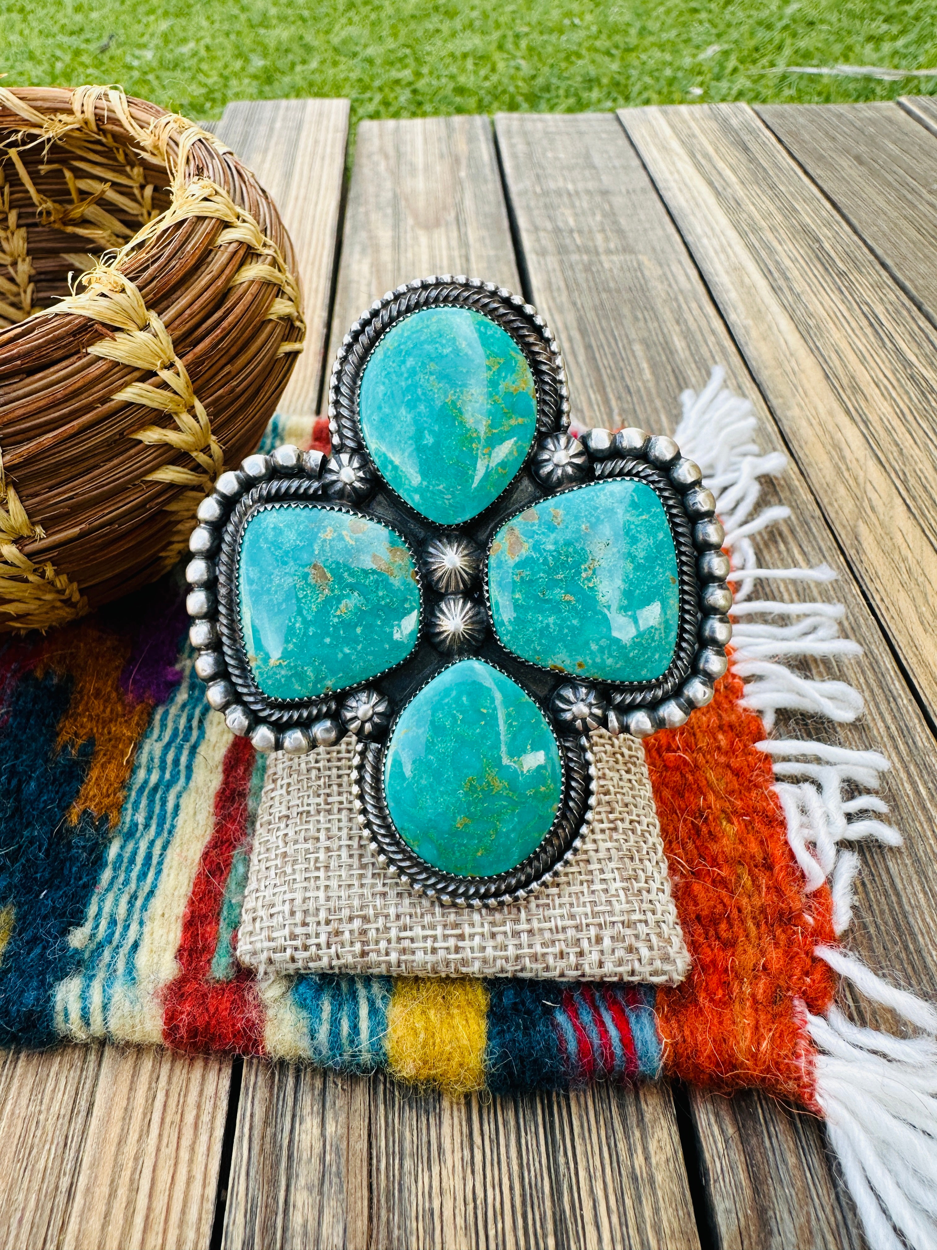 Old Pawn Handcrafted Turquoise & Sterling Silver Adjustable Ring by Readda Begay