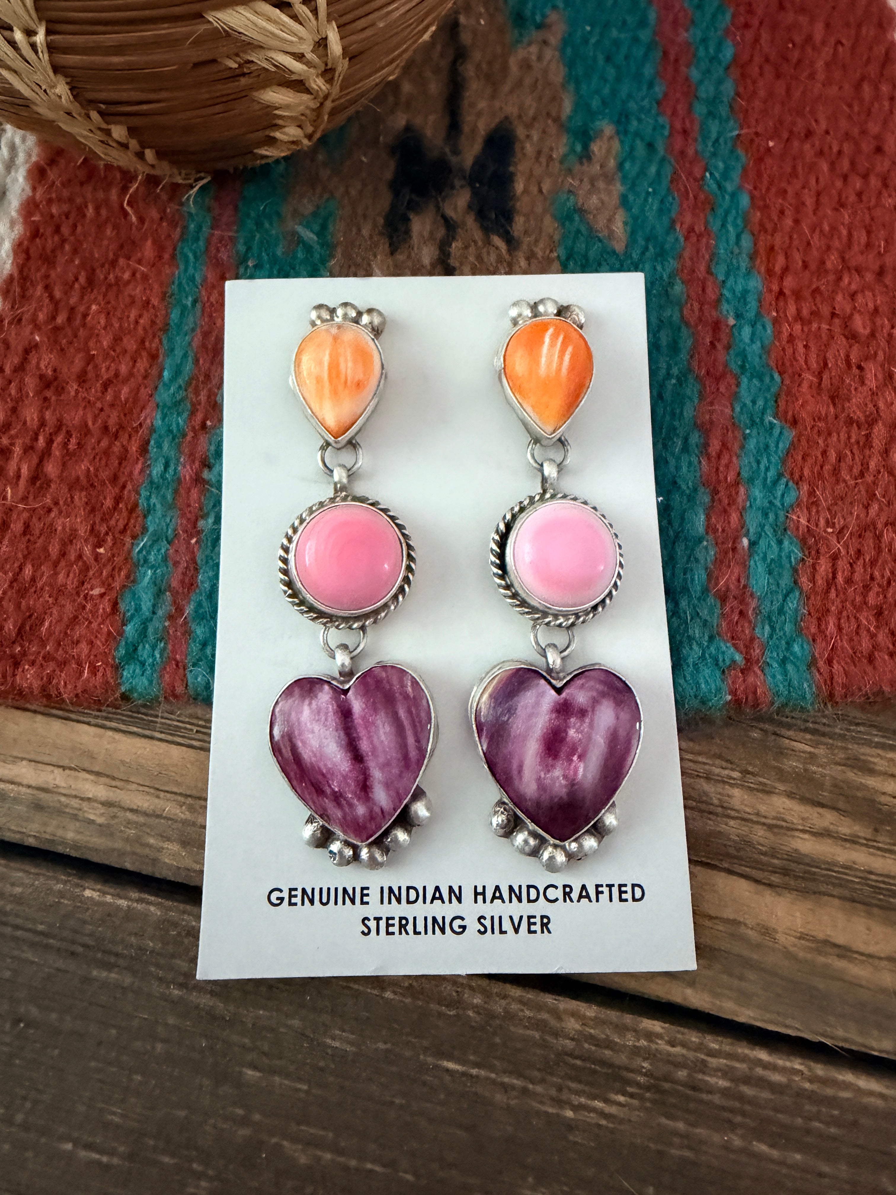 Handcrafted Sterling Silver, Spiny Oyster & Queen Pink Conch Heart Dangle Earrings by Vicky Hicks