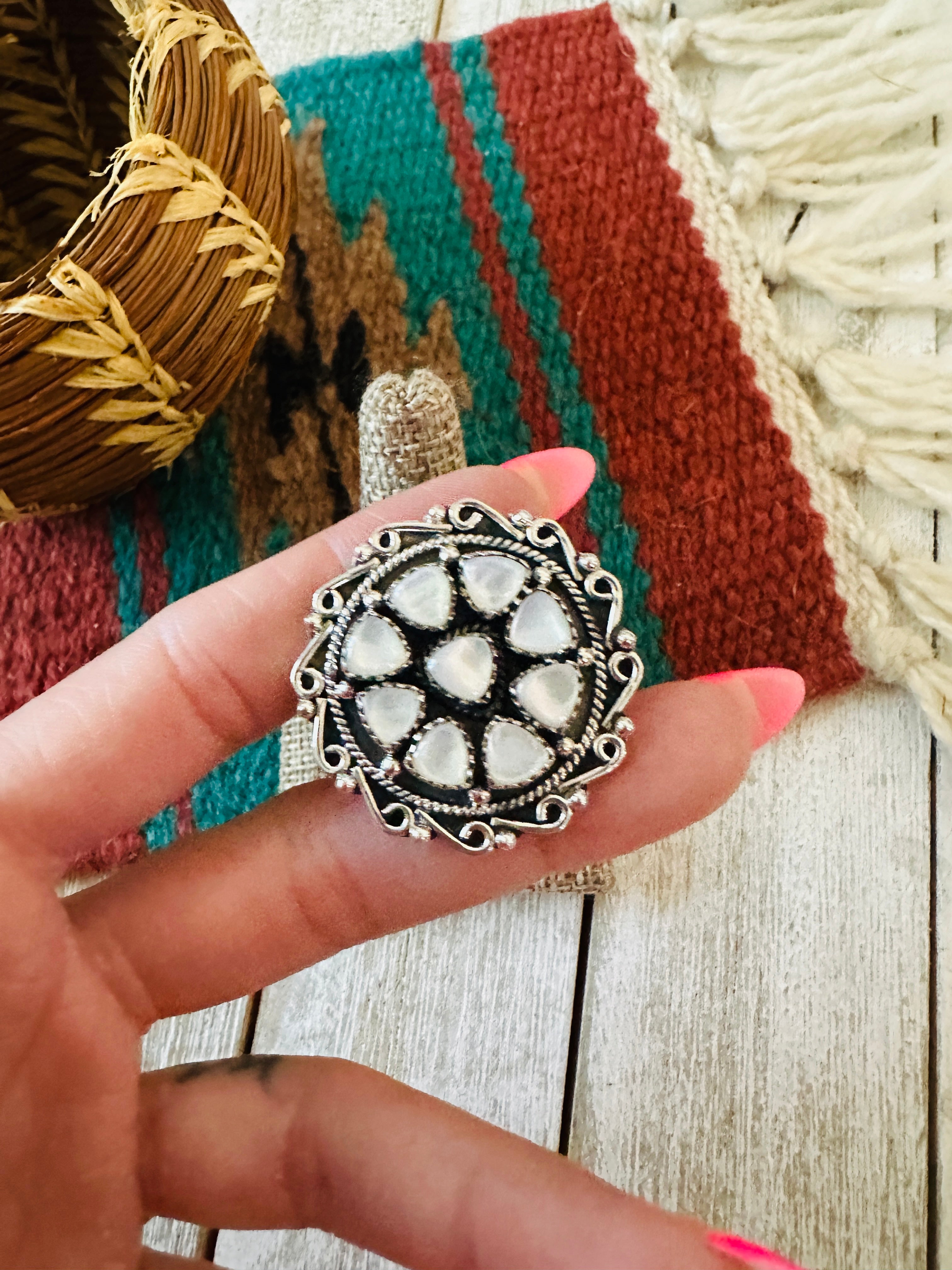 ** Christmas Collection ** Handmade Sterling Silver & Mother of Pearl Adjustable Ring Signed Nizhoni