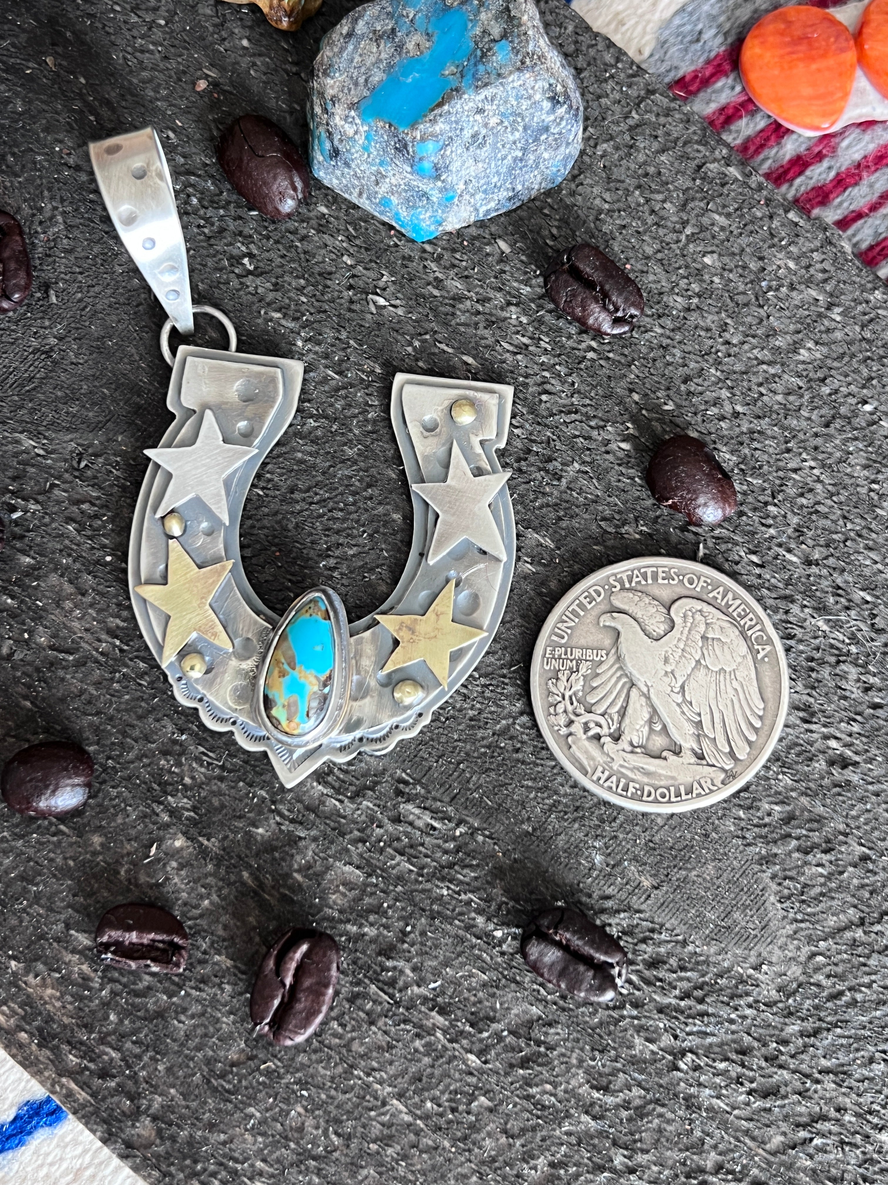 Kimari Somers Hand Stamped Sterling Silver Star Horseshoe Pendant with Brass Accents & Royston Turquoise
