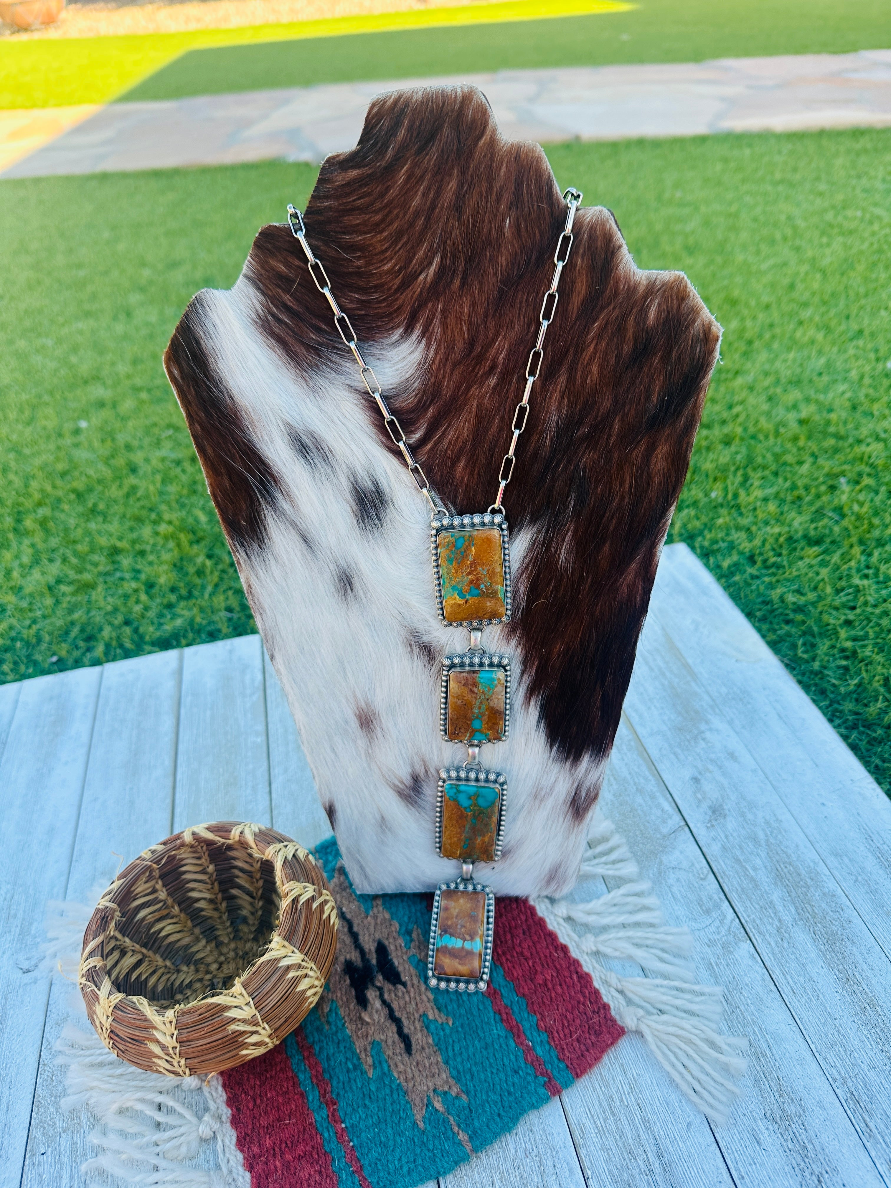 Handcrafted Ribbon Turquoise & Sterling Silver Lariat Necklace