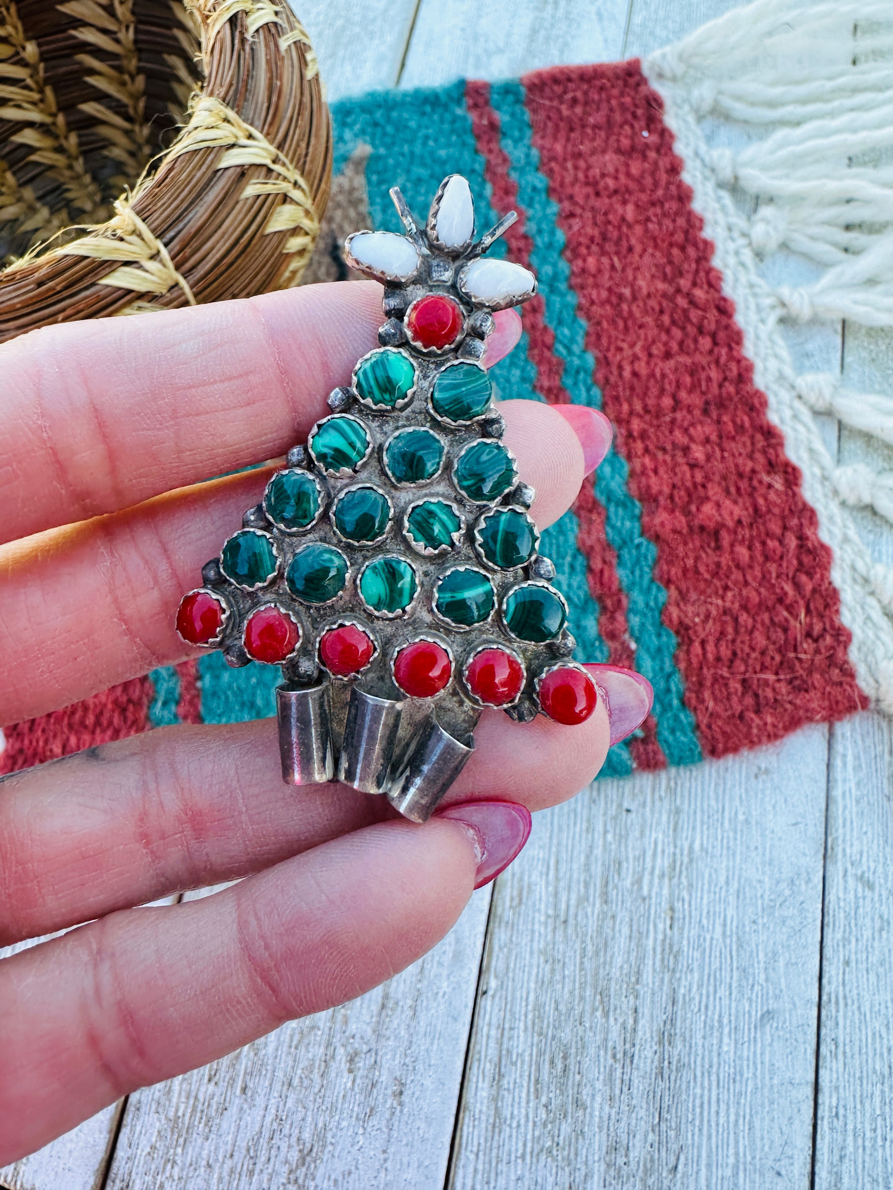 Handcrafted Old Pawn Sterling Silver & Multi Stone Christmas Tree Brooch