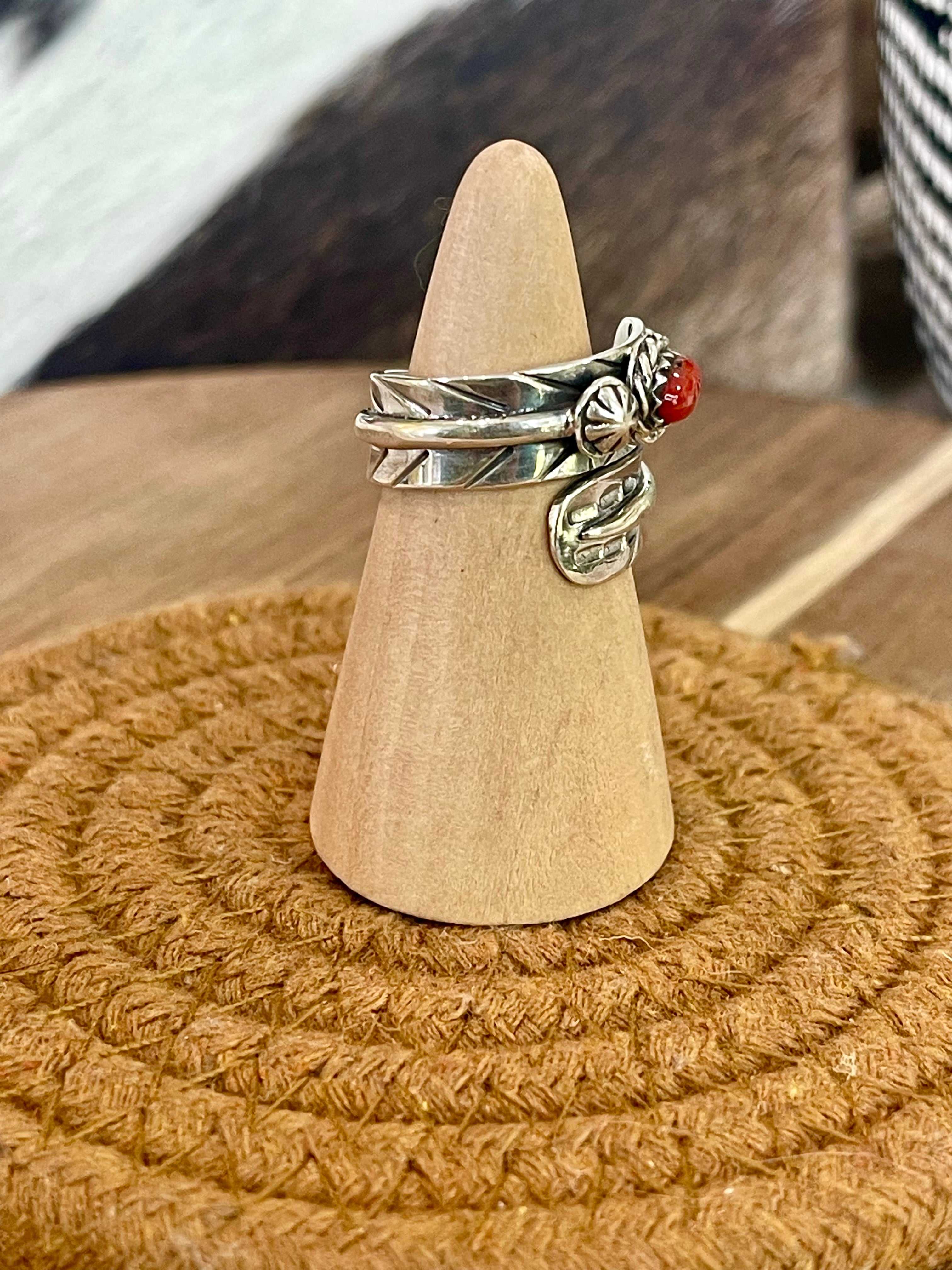 Handmade Sterling Silver & Coral Adjustable Feather Band Ring