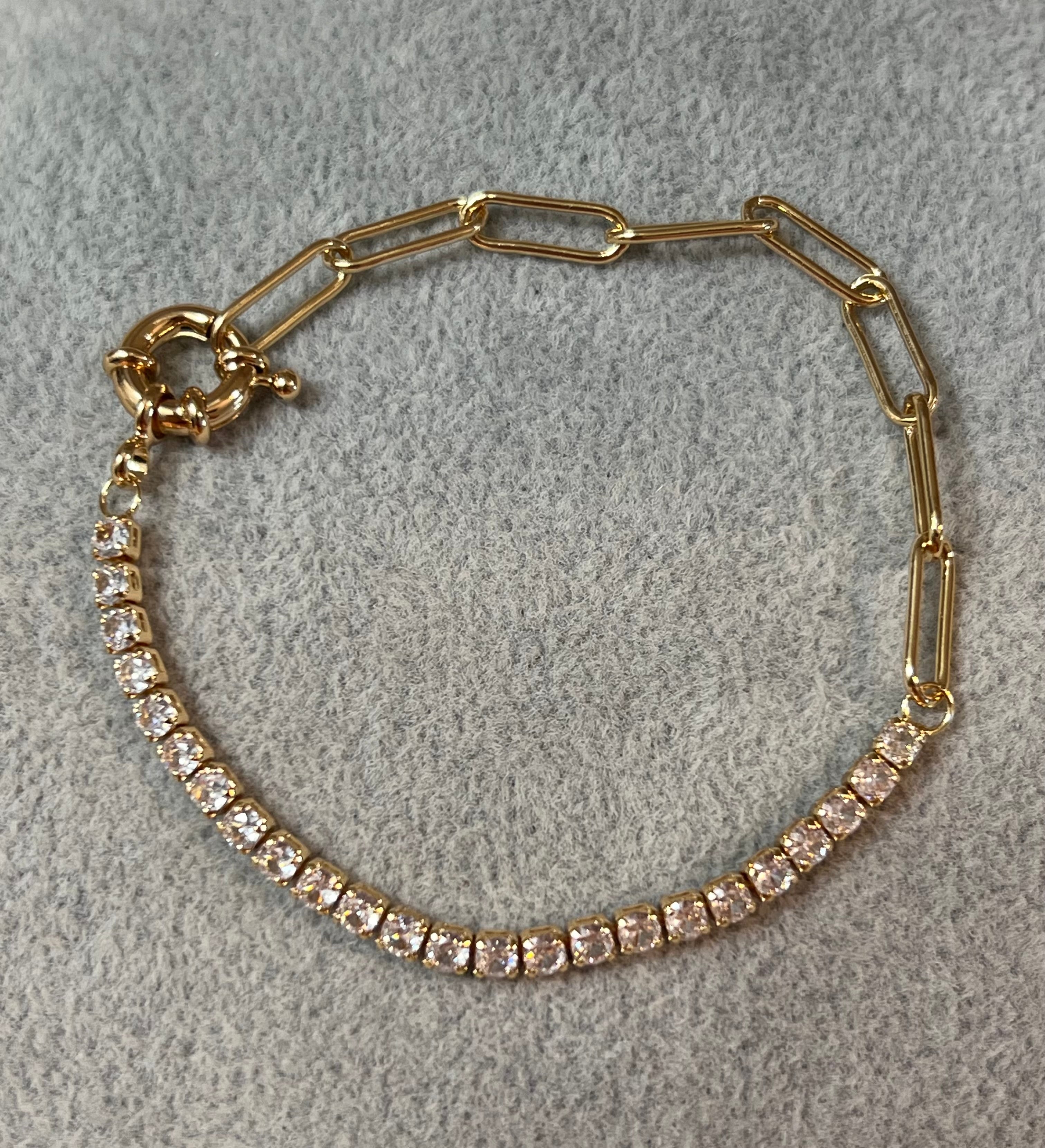 CZ & Paperclip 14k Gold Plated Chain Bracelet