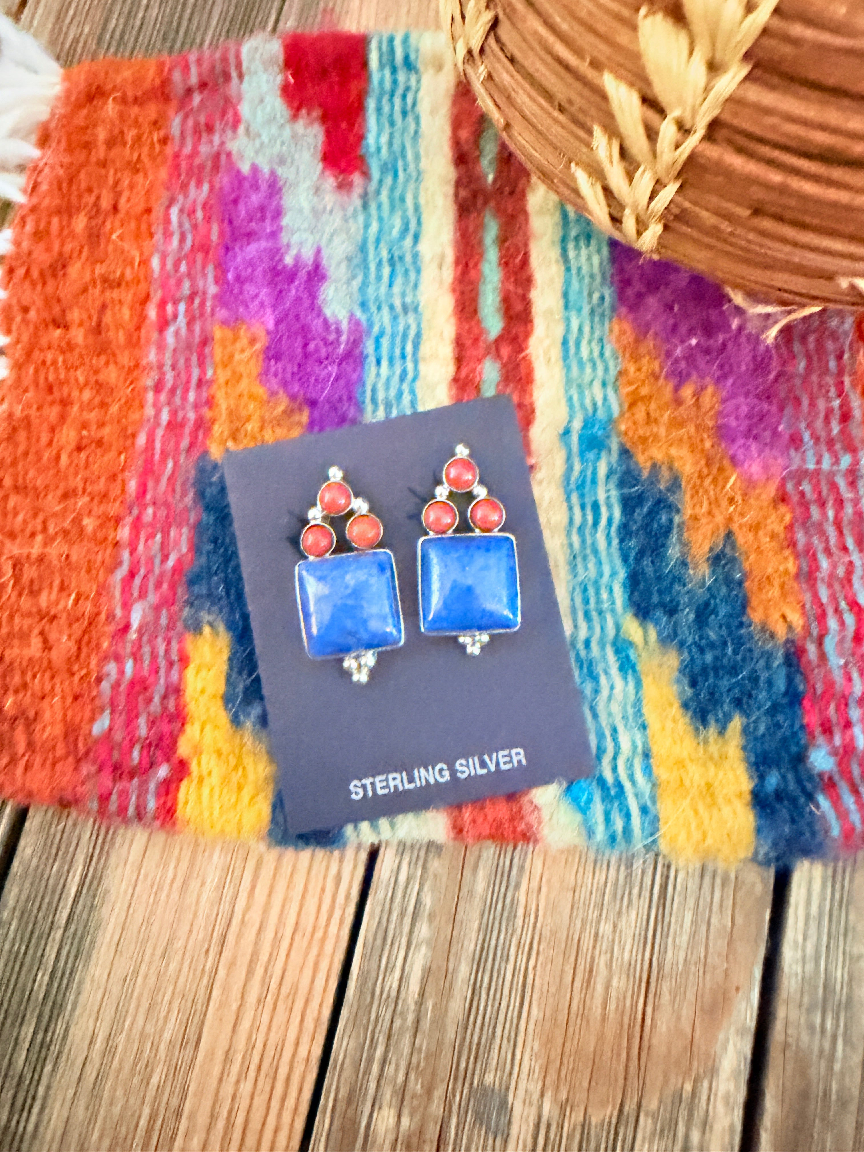 Handcrafted Lapis, Coral & Sterling Silver Clip On Earrings