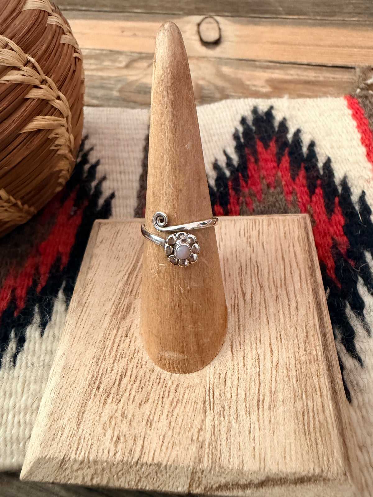 Handmade Sterling Silver & Pink Opal Flower Adjustable Ring