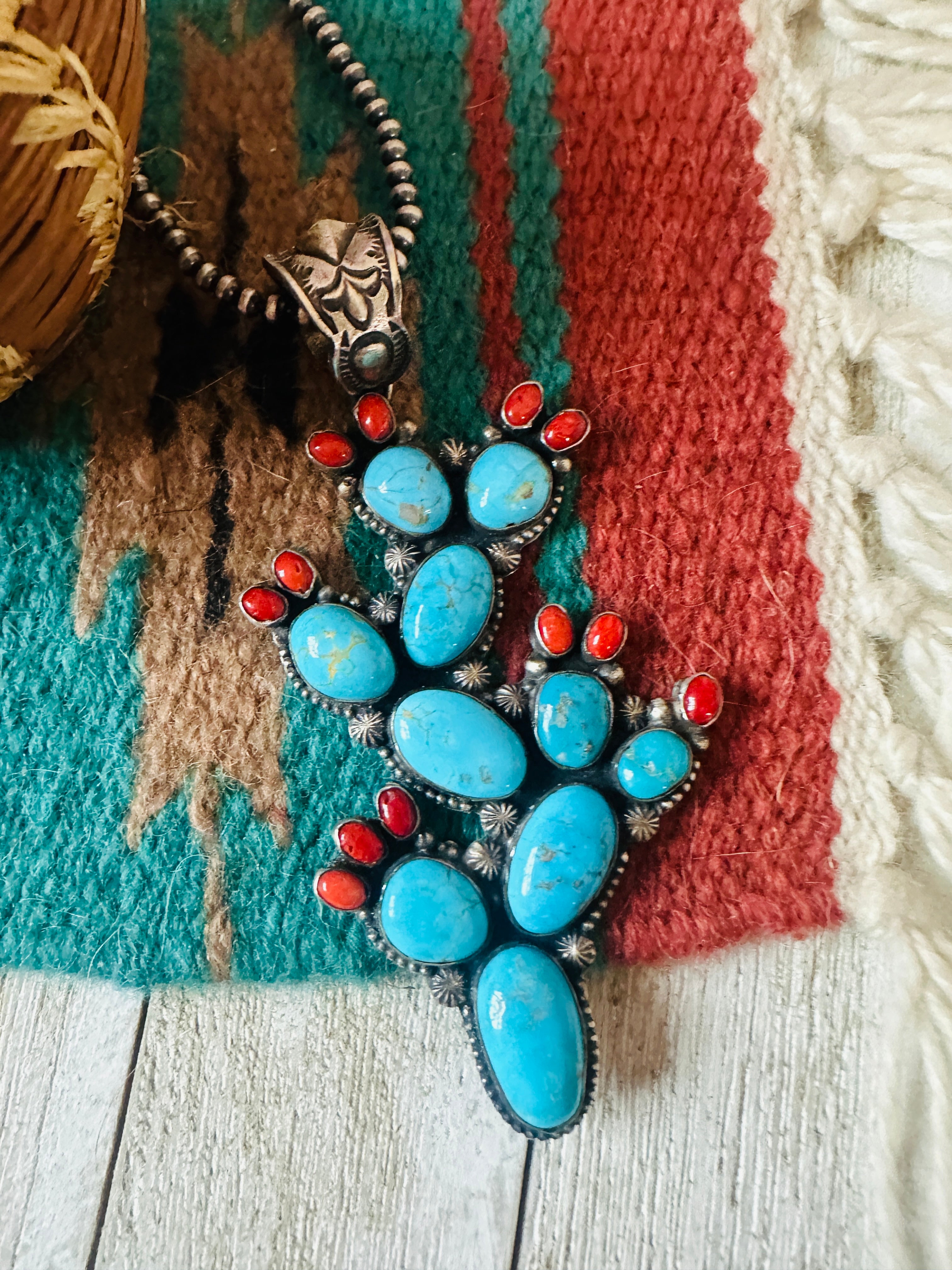 Handcrafted Sterling Silver, Turquoise & Coral Cactus Pendant by Shawn Cayatineto