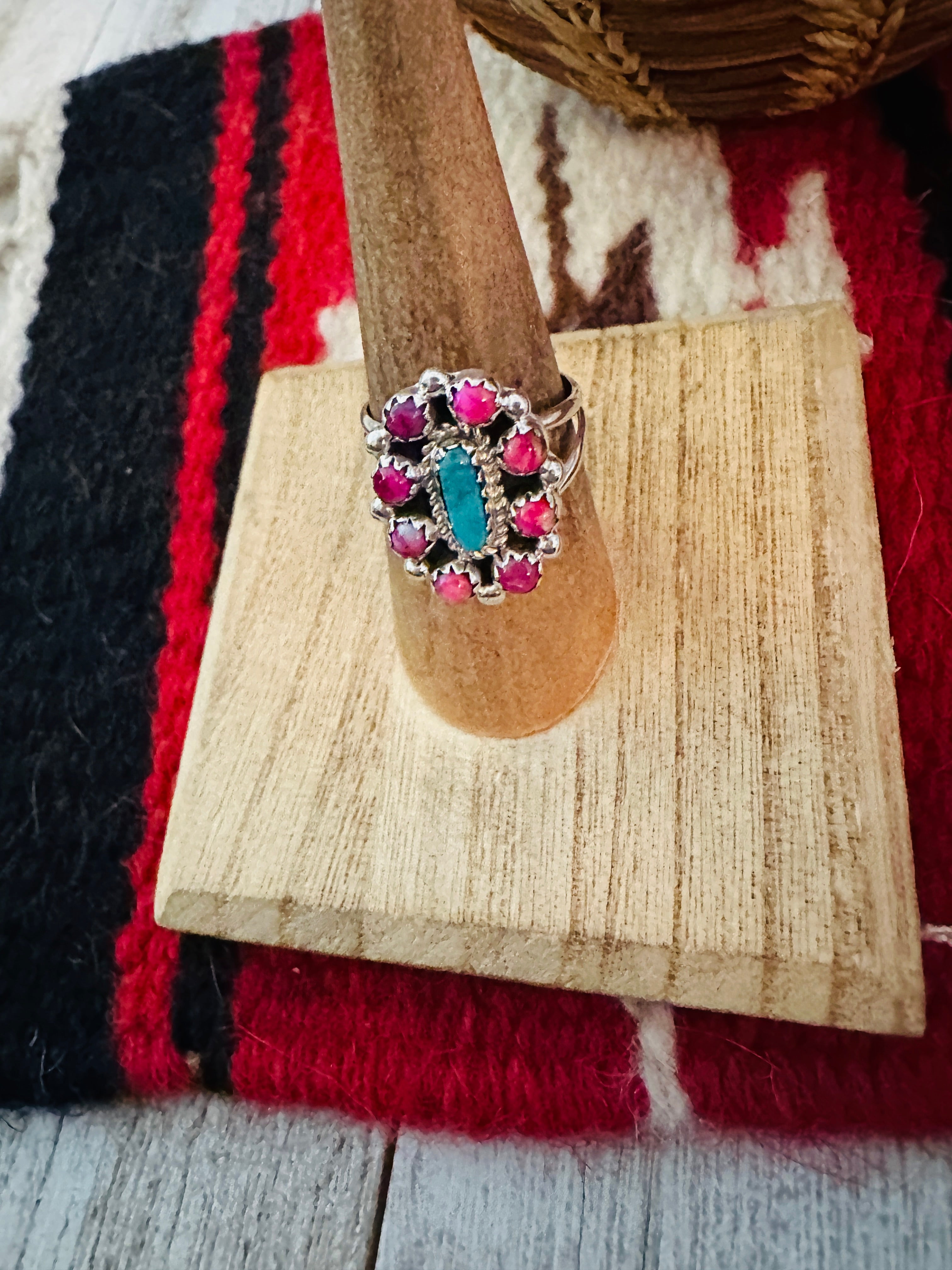 Handcrafted Sterling Silver, Pink Dream Mojave & Turquoise Cluster Adjustable Ring
