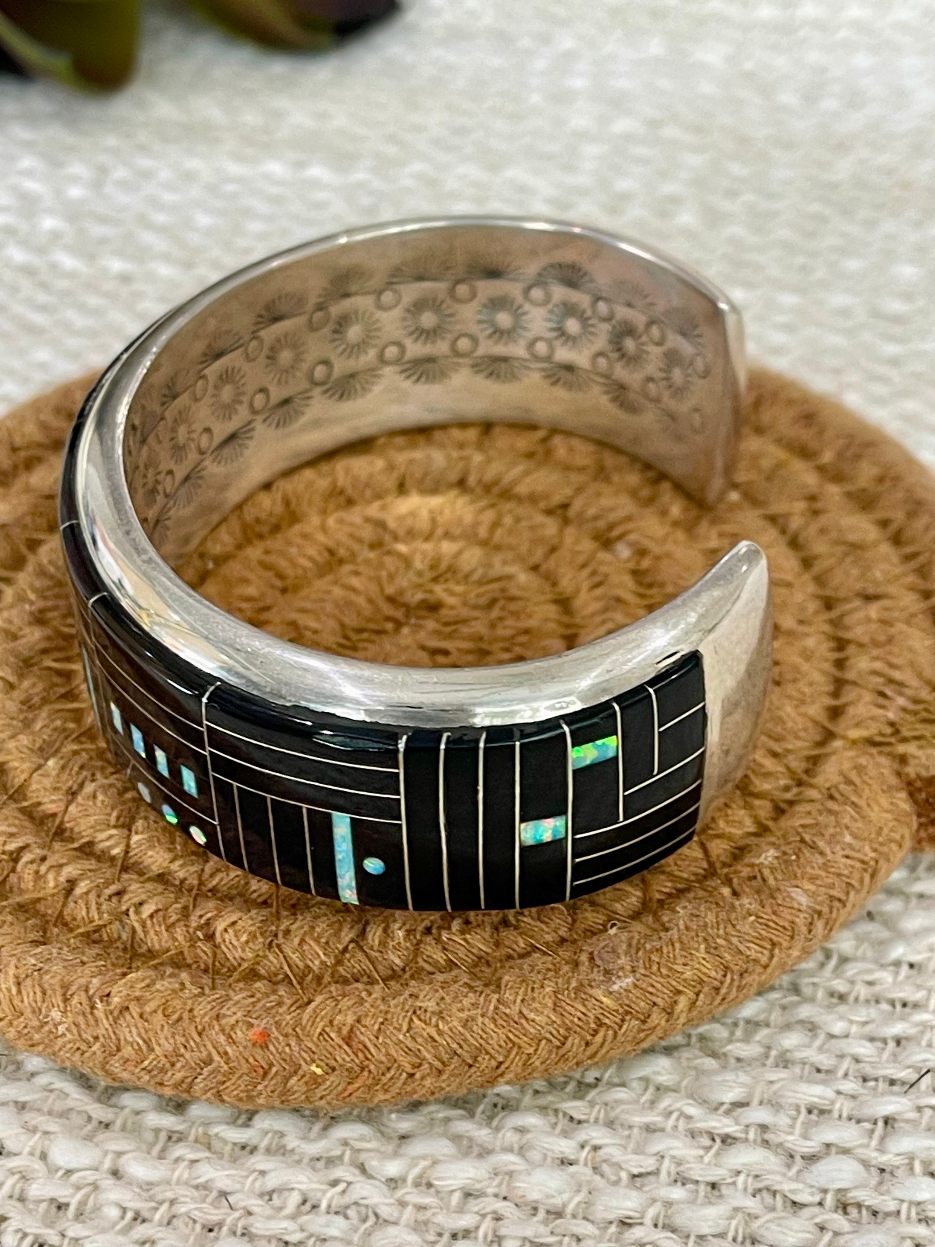 Beautiful Handmade Sterling Silver & Multi Stone, Onyx Inlay Cuff Bracelet