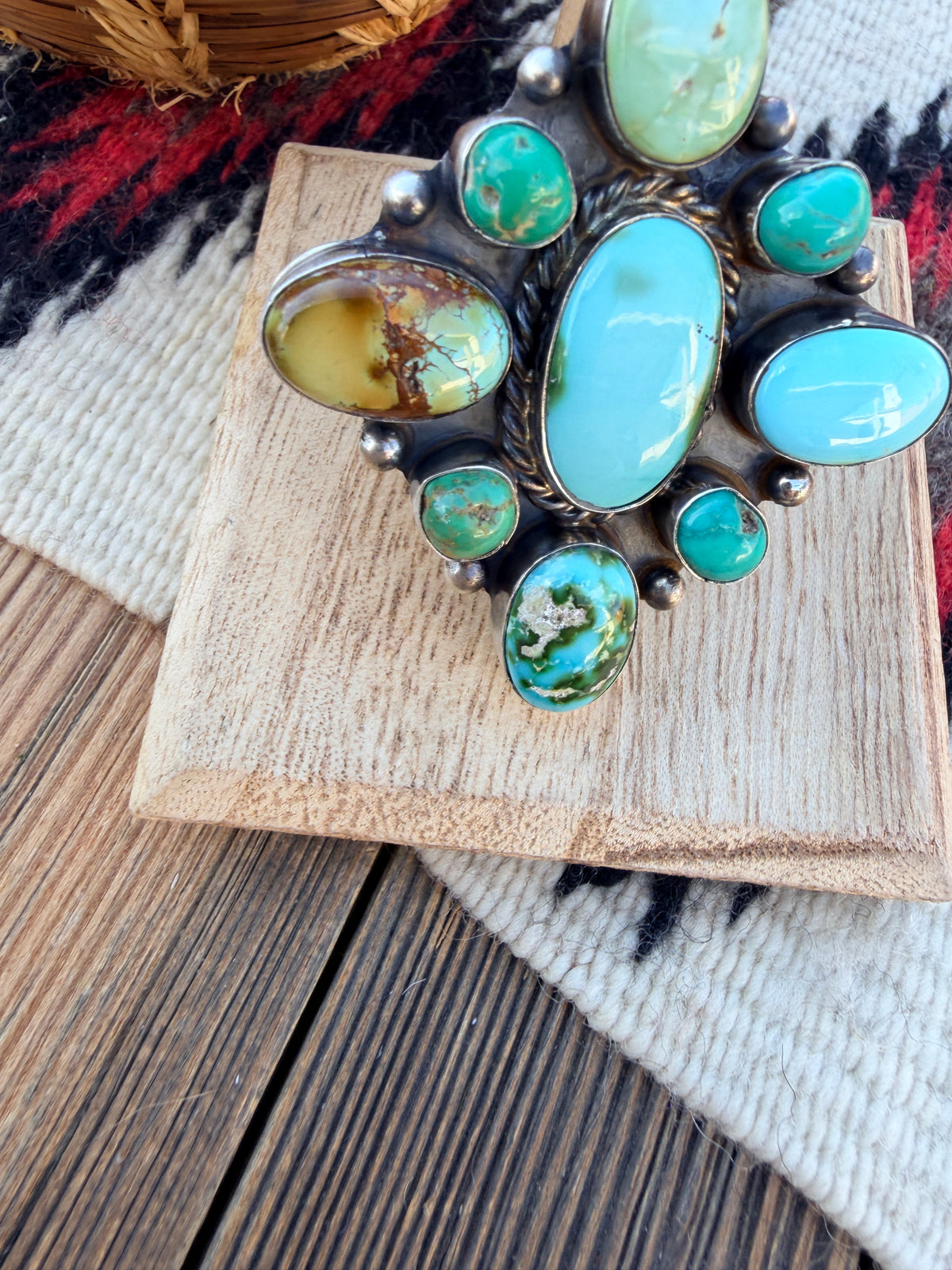 Handcrafted Turquoise & Sterling Silver Cluster Adjustable Ring