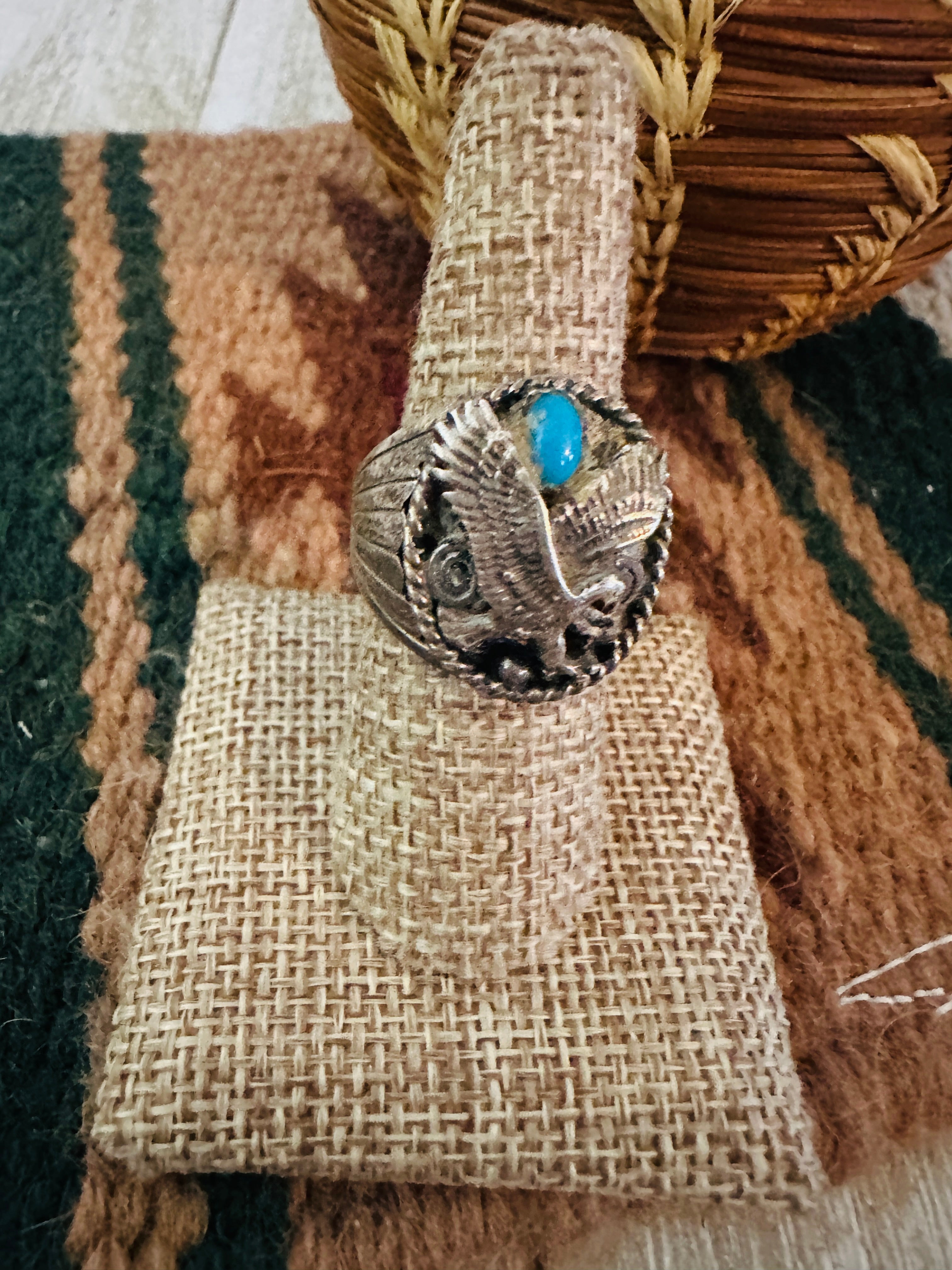 Old Pawn Handcrafted Turquoise & Sterling Silver Eagle Ring Size 8