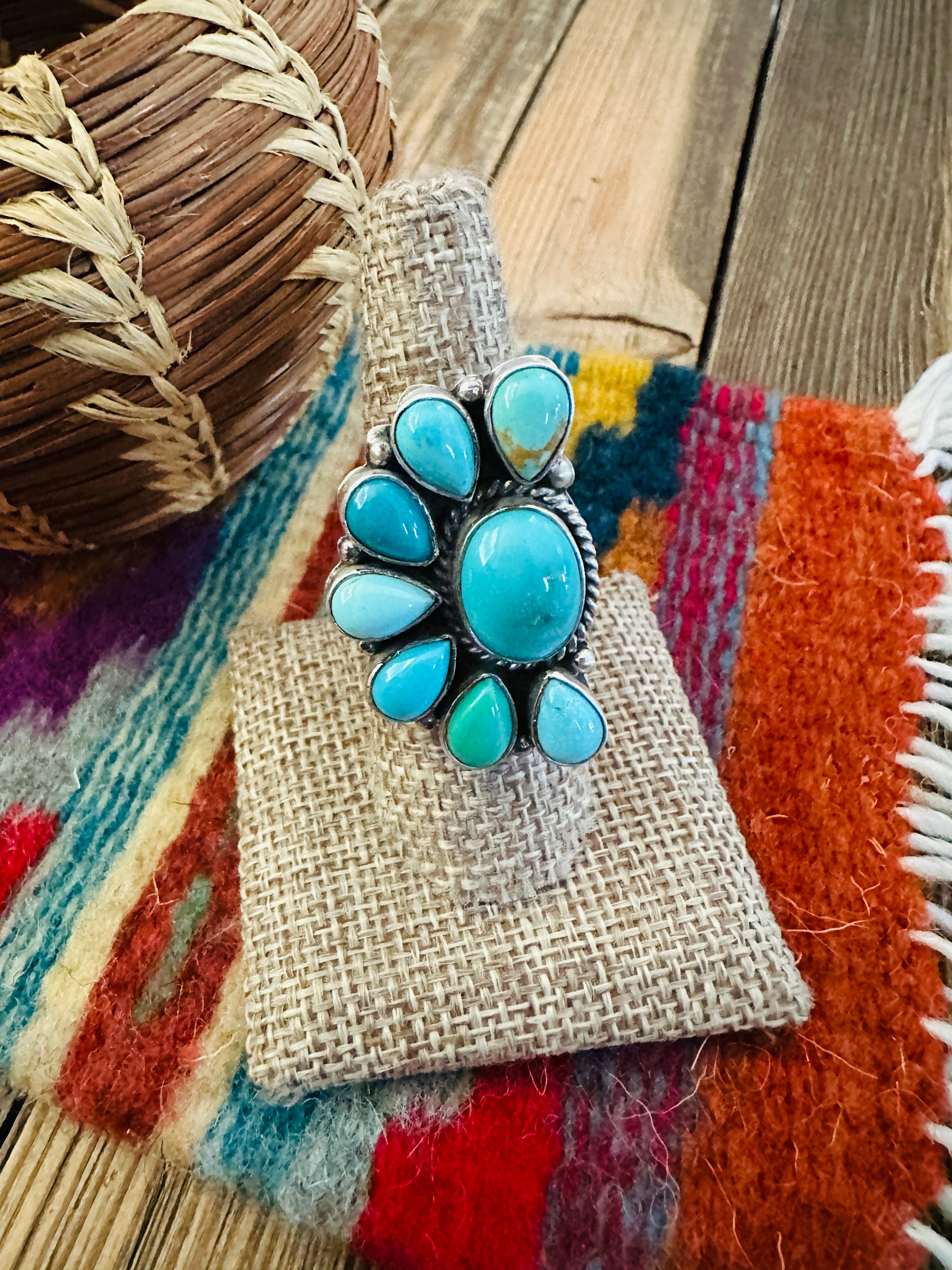 Handcrafted Turquoise & Sterling Silver Adjustable Cluster Ring by Elouise Richards