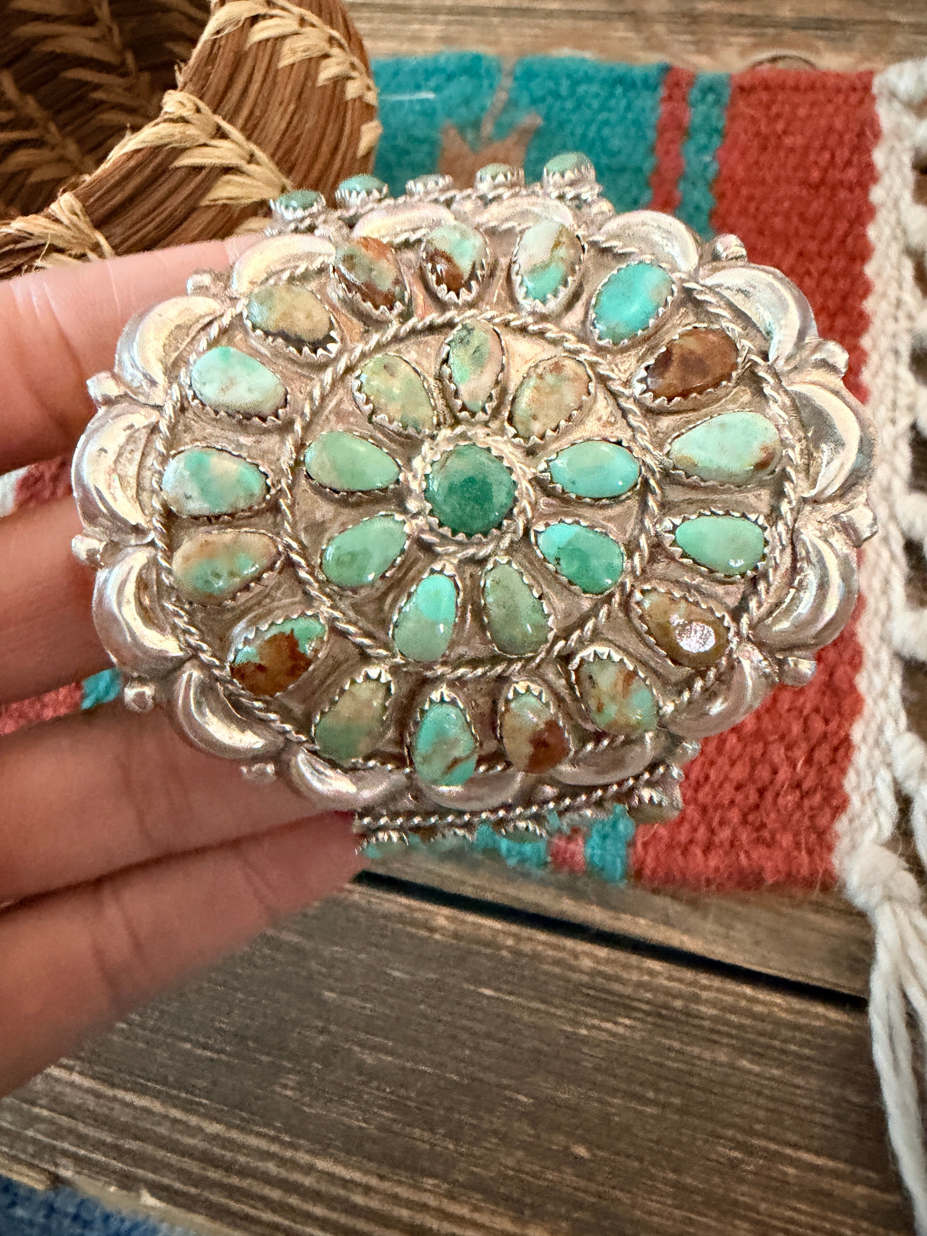 Handcrafted Turquoise & Sterling Silver Cluster Cuff Bracelet By Danny L. Wauneka