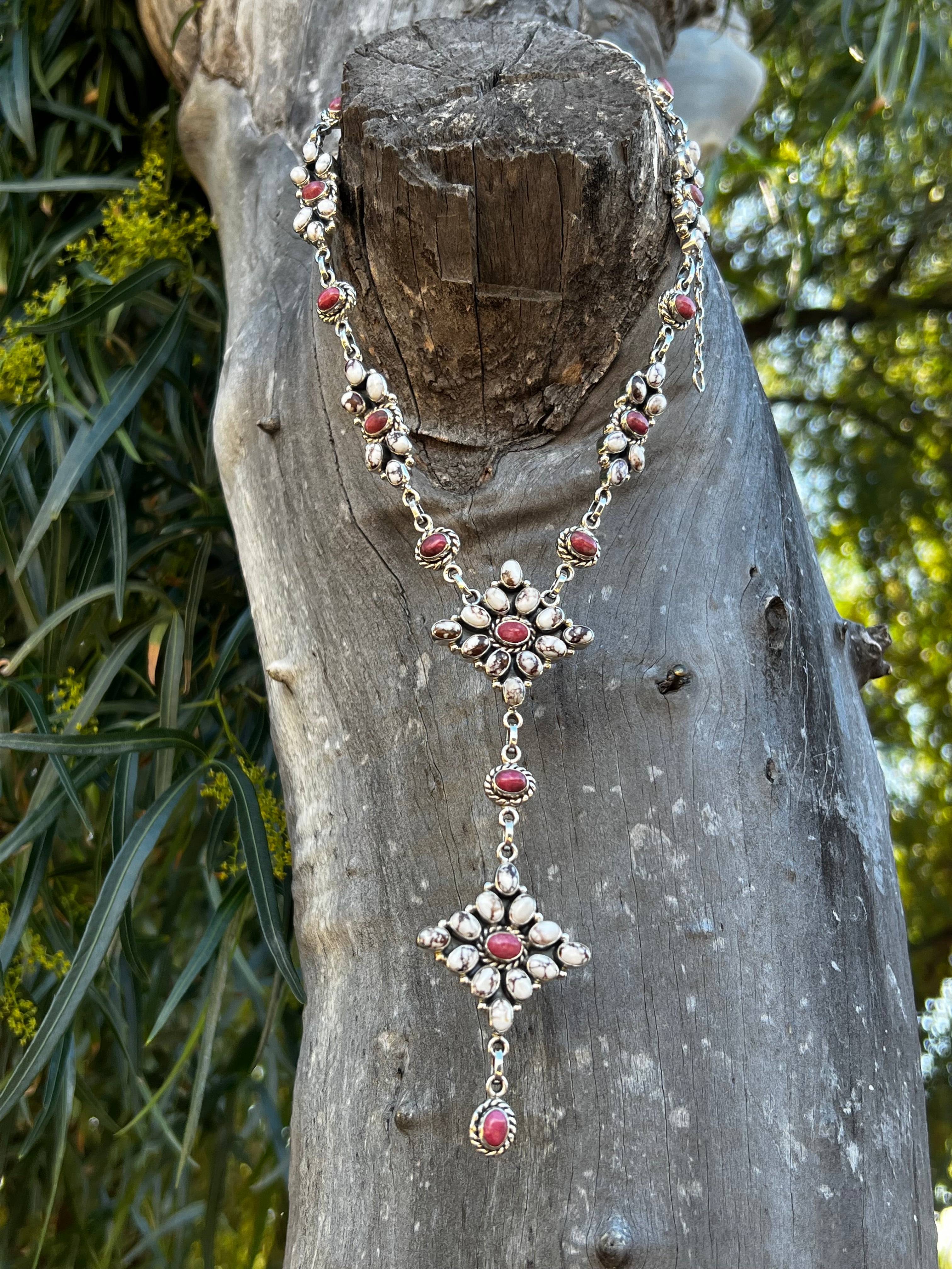 Handmade Wild Horse & Coral Stone Sterling Silver Lariat Necklace