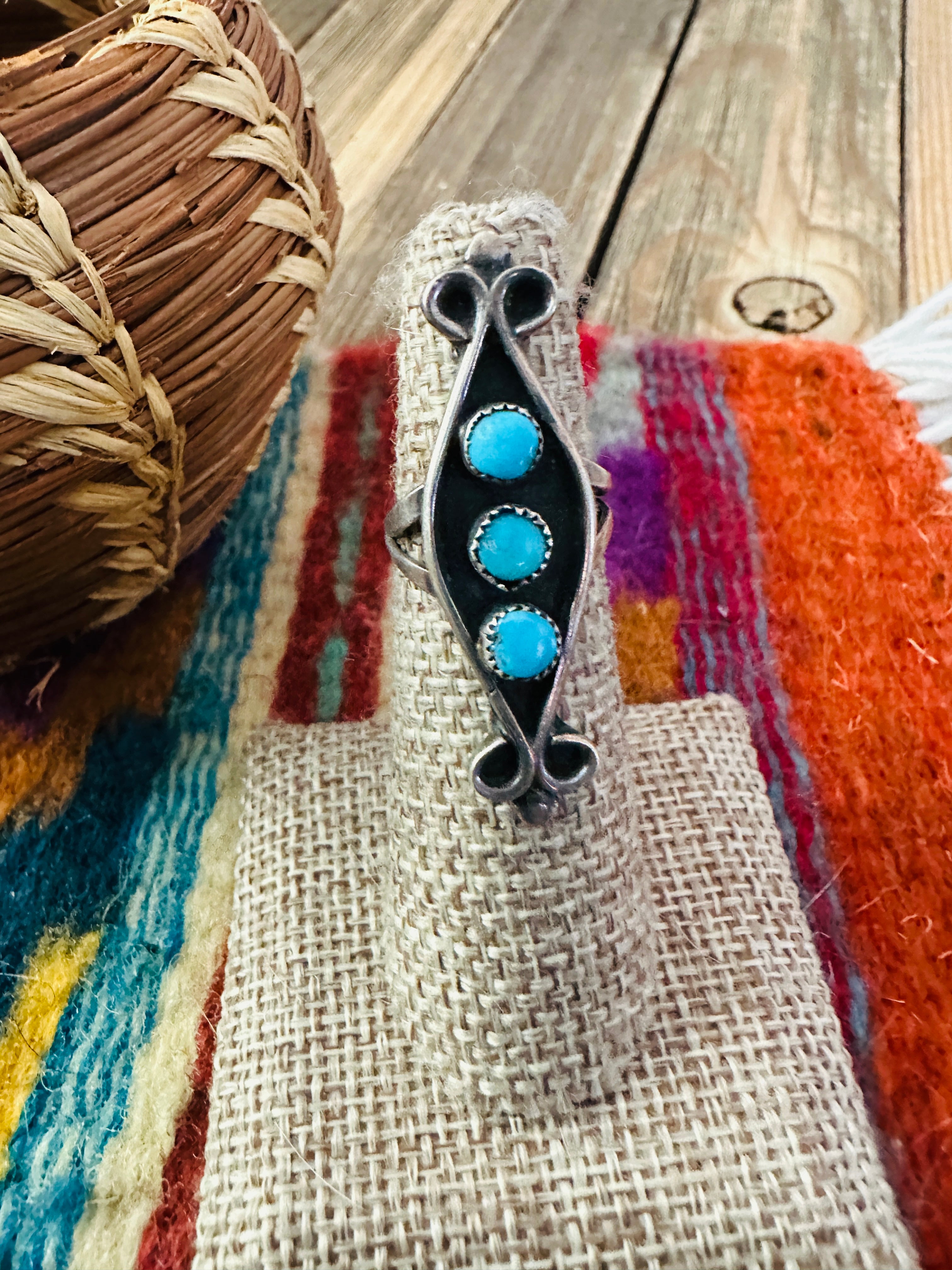 Old Pawn Handcrafted Turquoise & Sterling Silver Shadowbox Ring Size 4.5