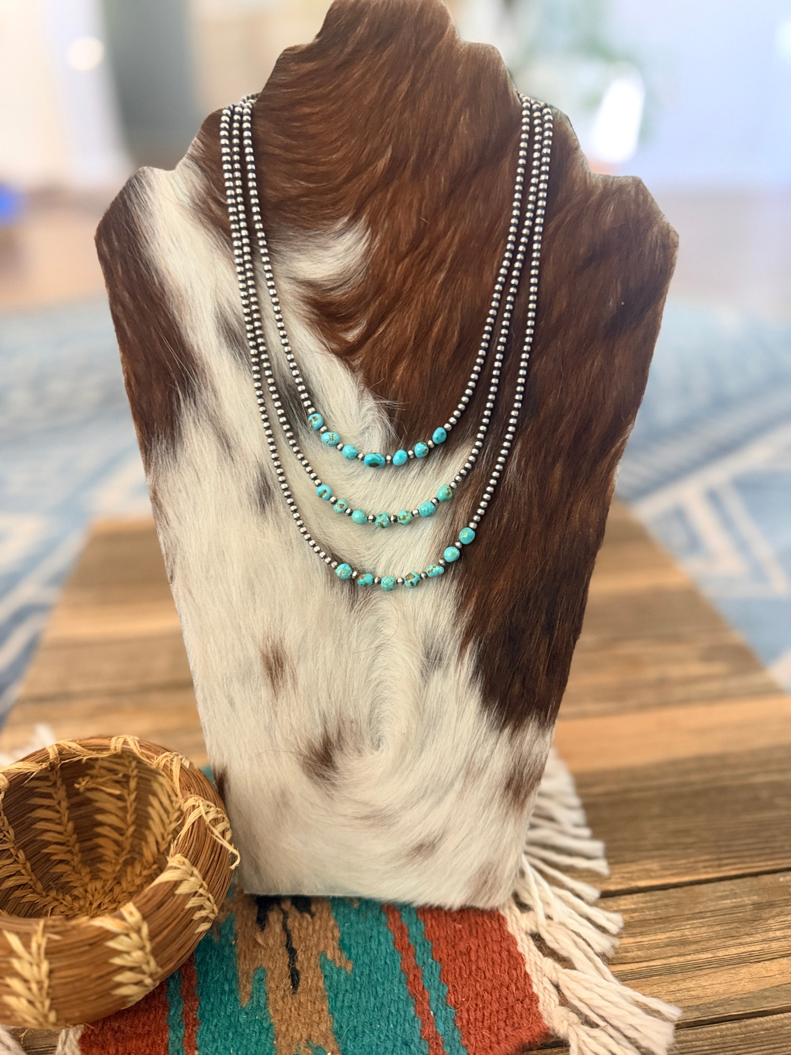 Handcrafted Turquoise & 3mm Sterling Silver Pearl Beaded Necklace