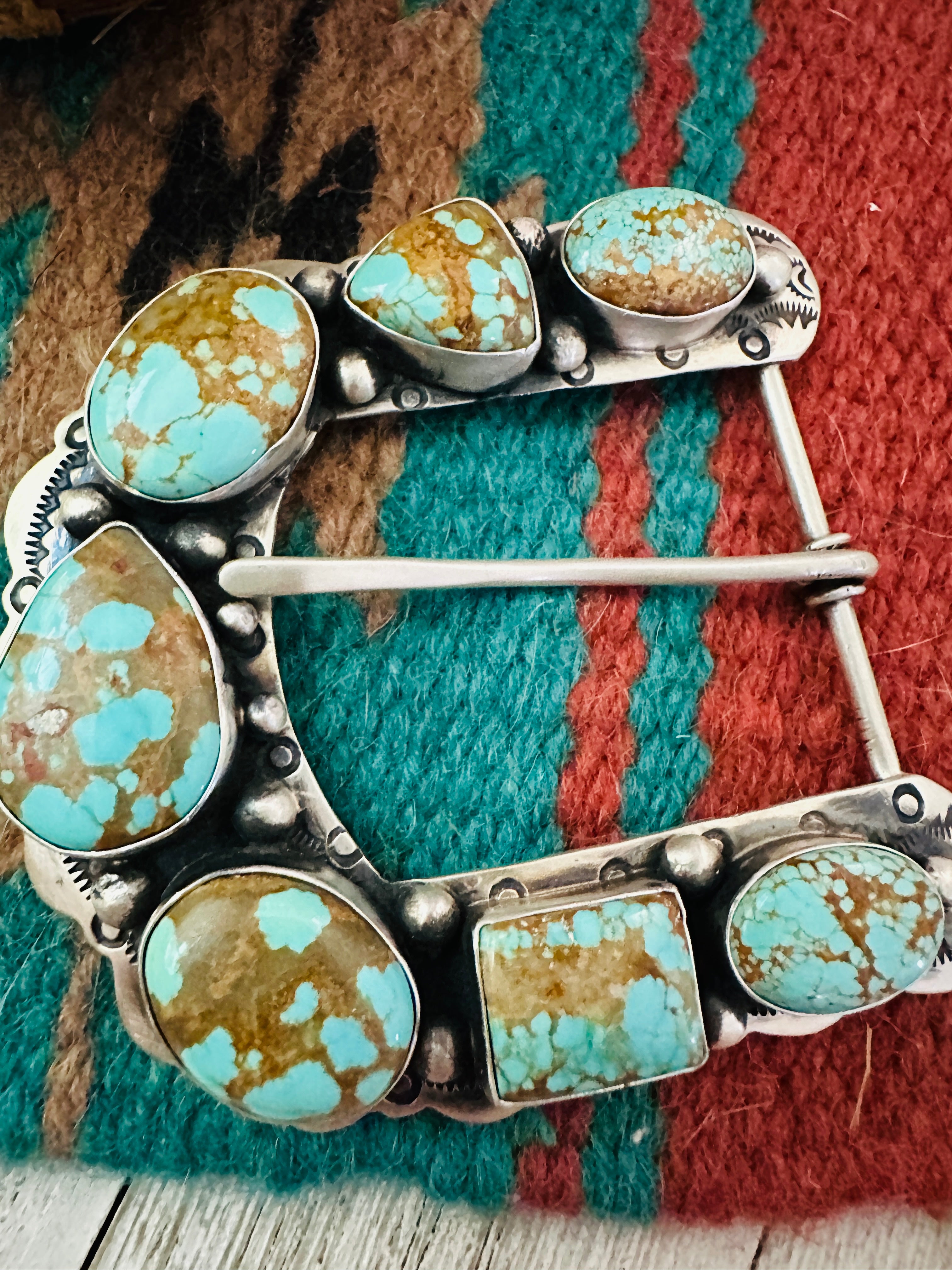 Handcrafted Number 8 Turquoise & Sterling Silver Belt Buckle by Russell Sam