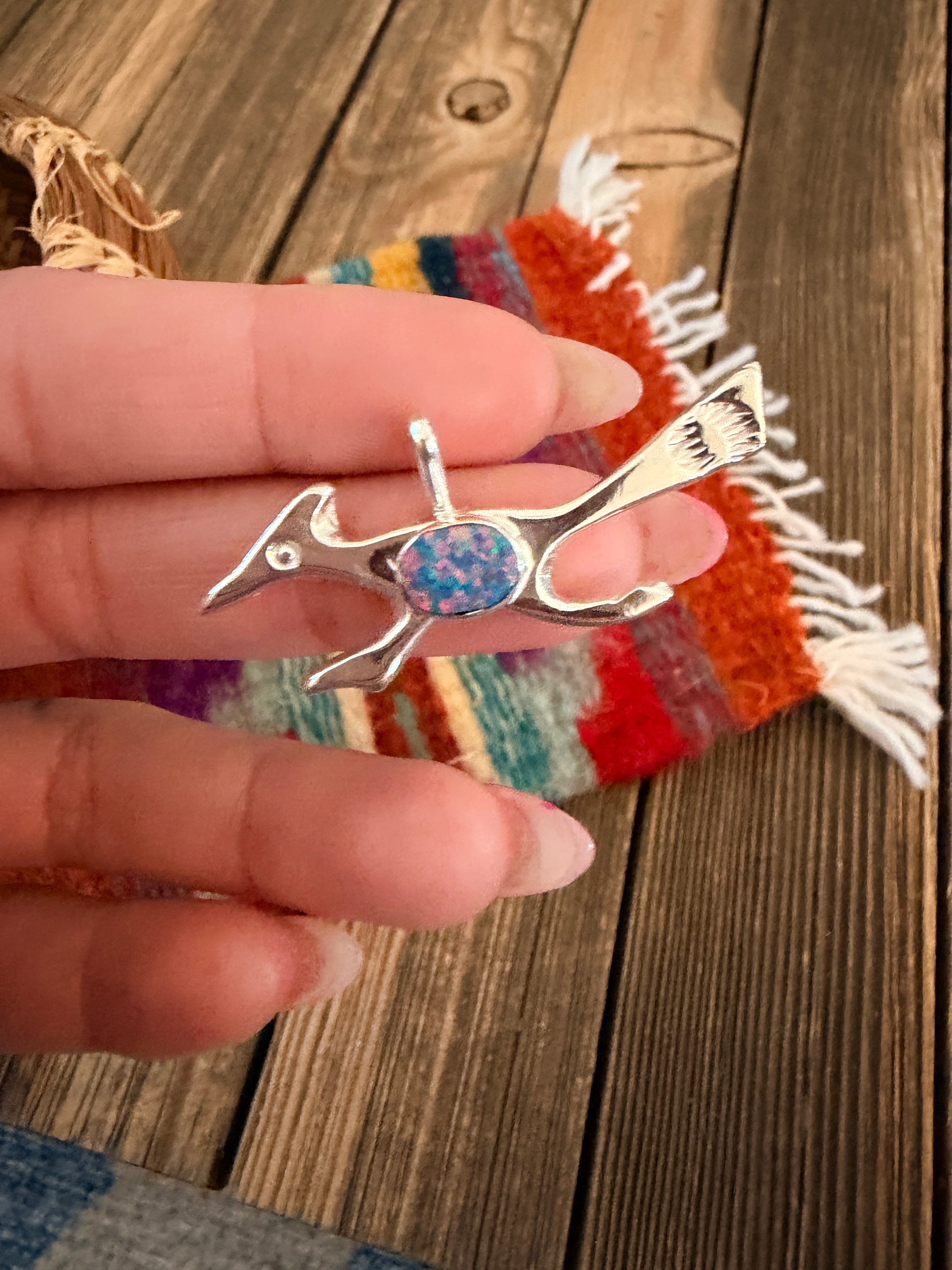 Handcrafted Sterling Silver & Opal Road Runner Pendant by Joseph Martinez