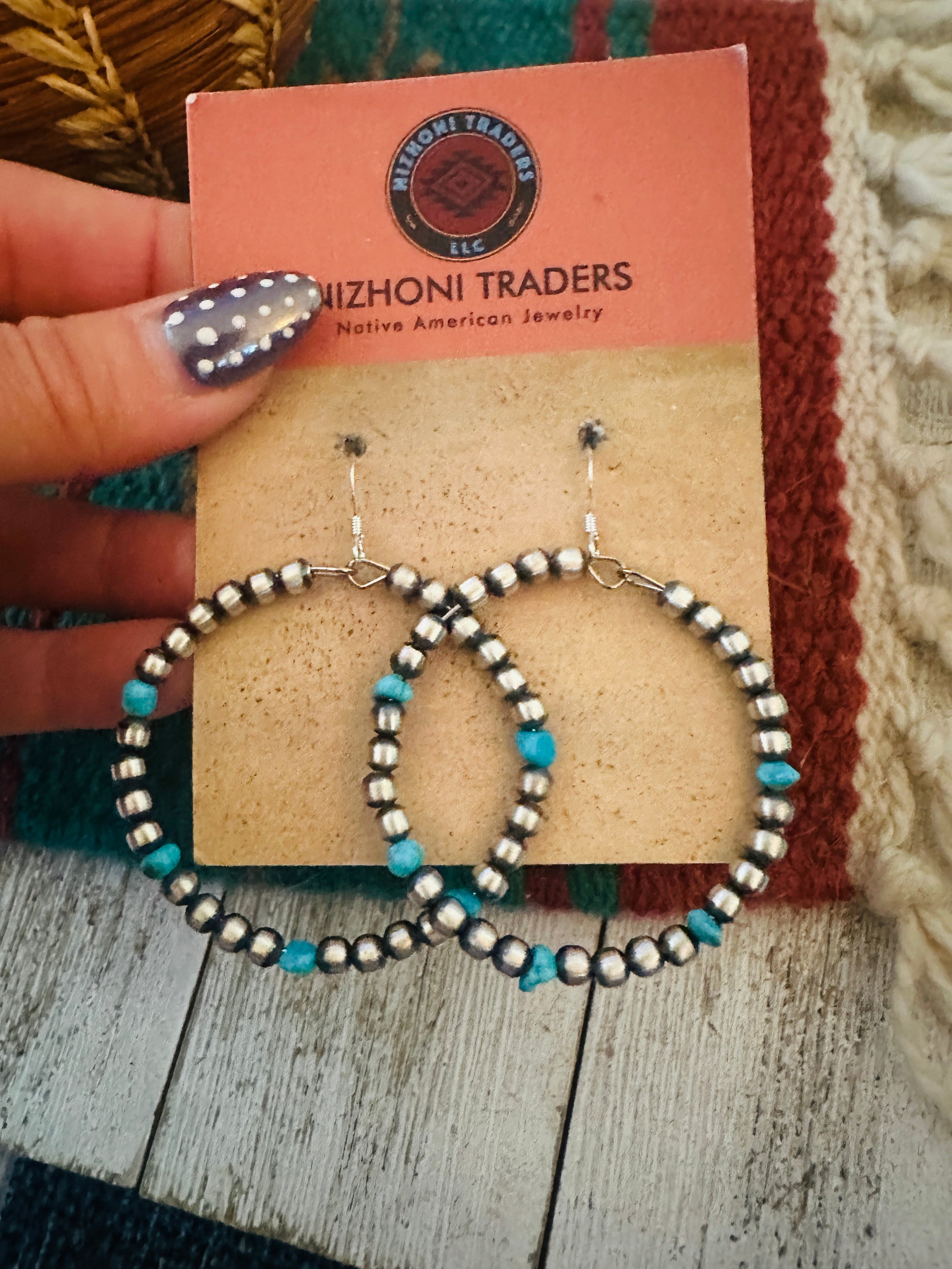 Handcrafted Turquoise & Sterling Silver Beaded Dangle Hoop Earrings