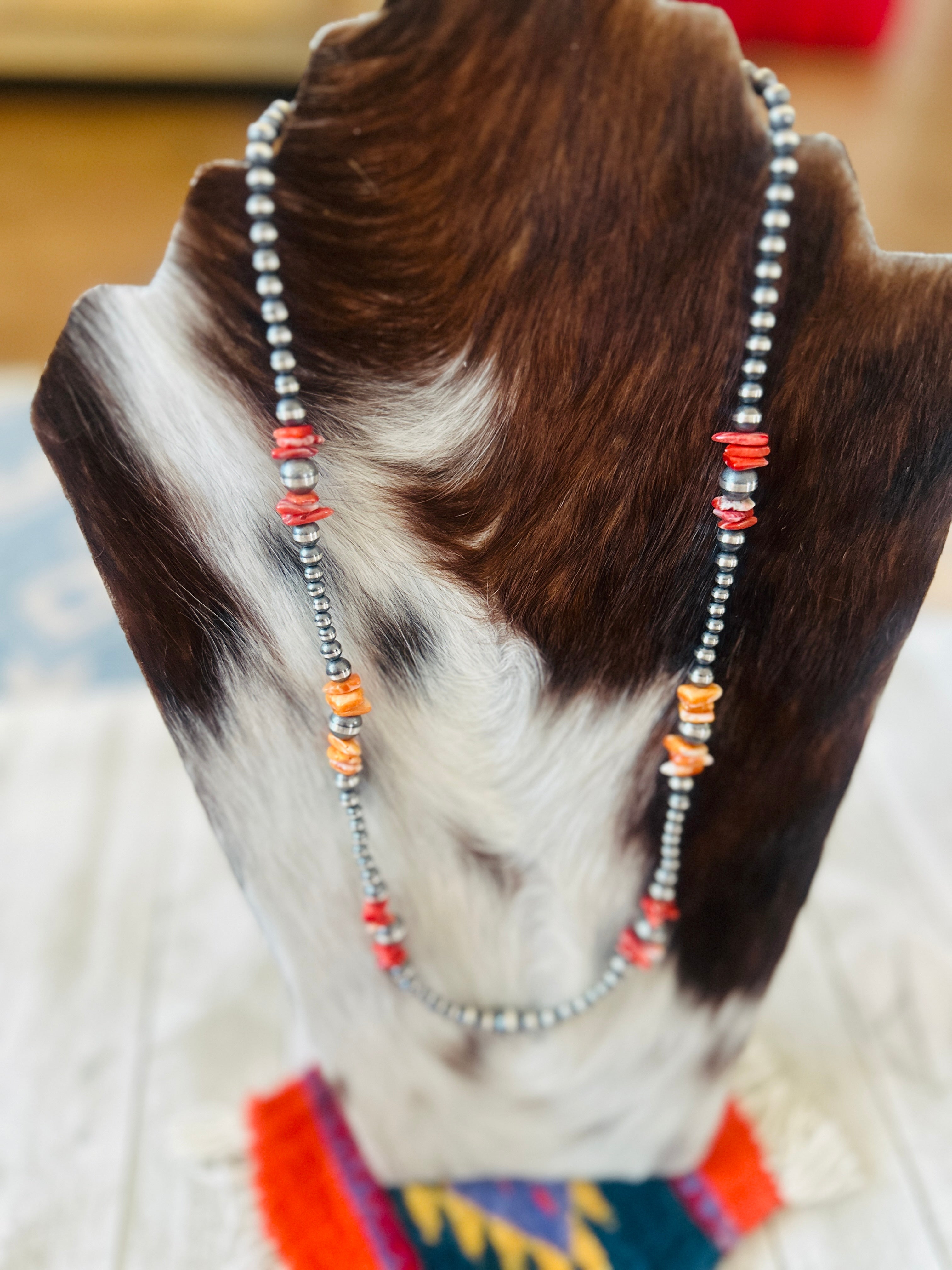 Handcrafted Sterling Silver & Spiny Oyster Beaded 24” Necklaces