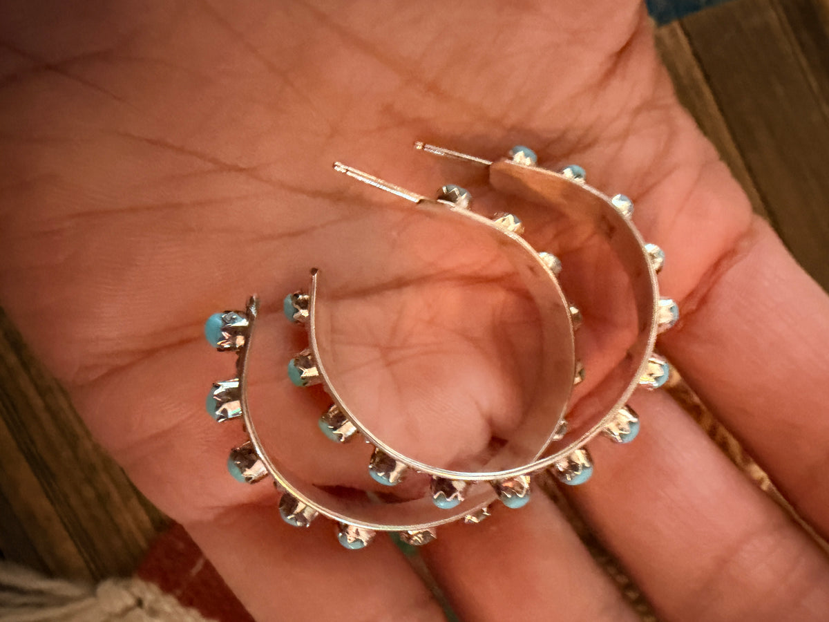 Handcrafted Sterling Silver & Turquoise Petit Point Hoop Earrings