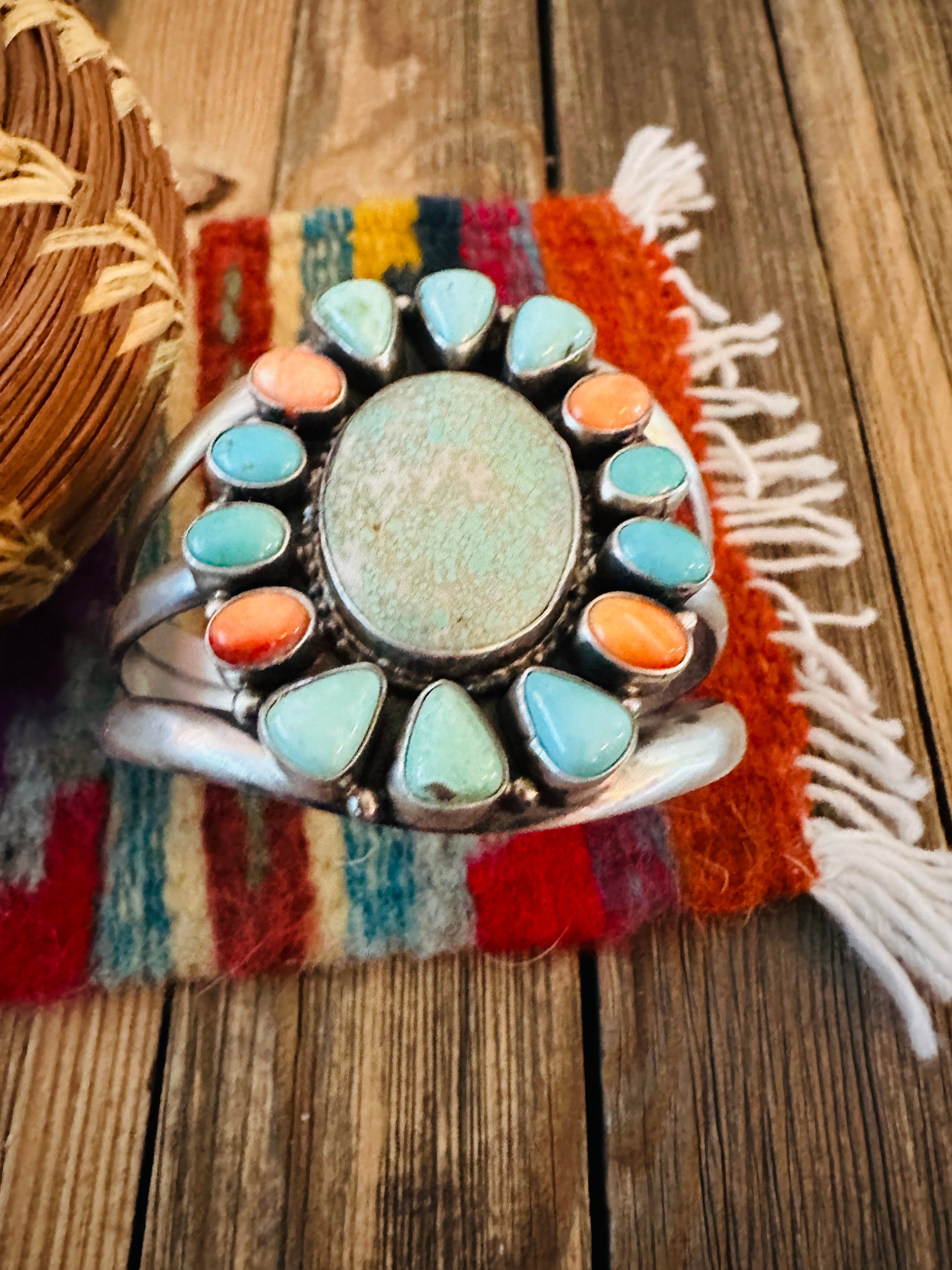Handcrafted Dry Creek Turquoise, Orange Spiny & Sterling Silver Cuff Bracelet by Sheila Becenti