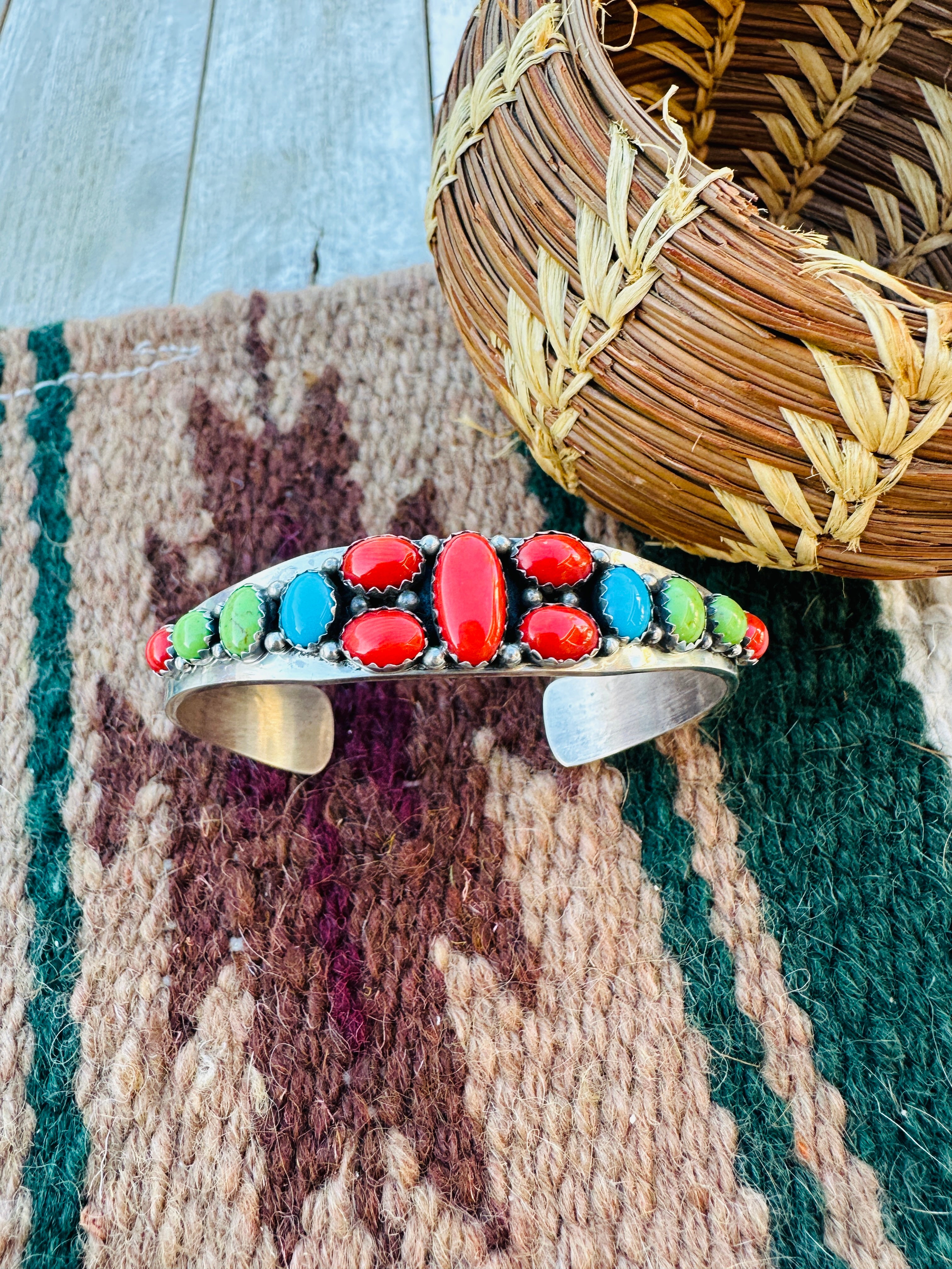 Handcrafted Old Pawn Sterling Silver & Multi Stone Cuff Bracelet by Daniel Mike