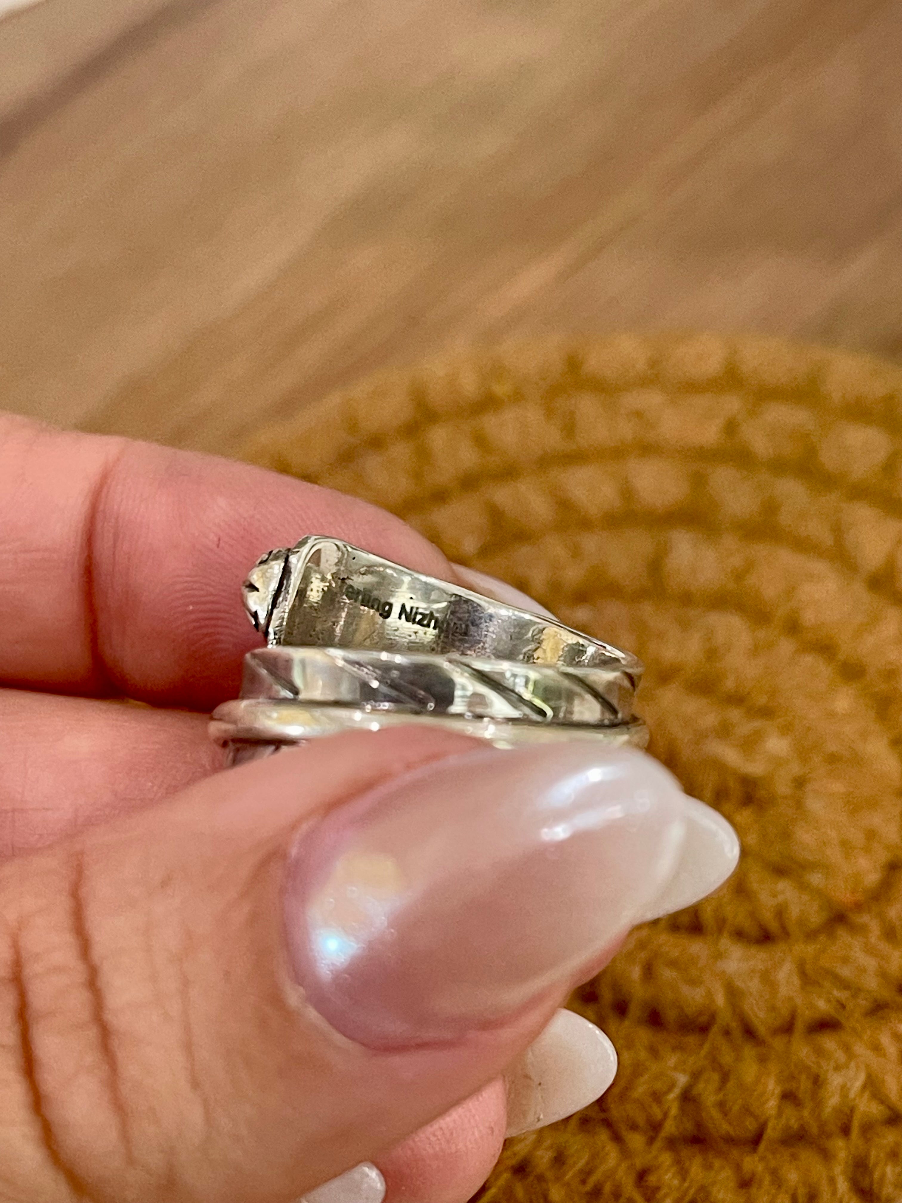 Handmade Sterling Silver & Coral Adjustable Feather Band Ring