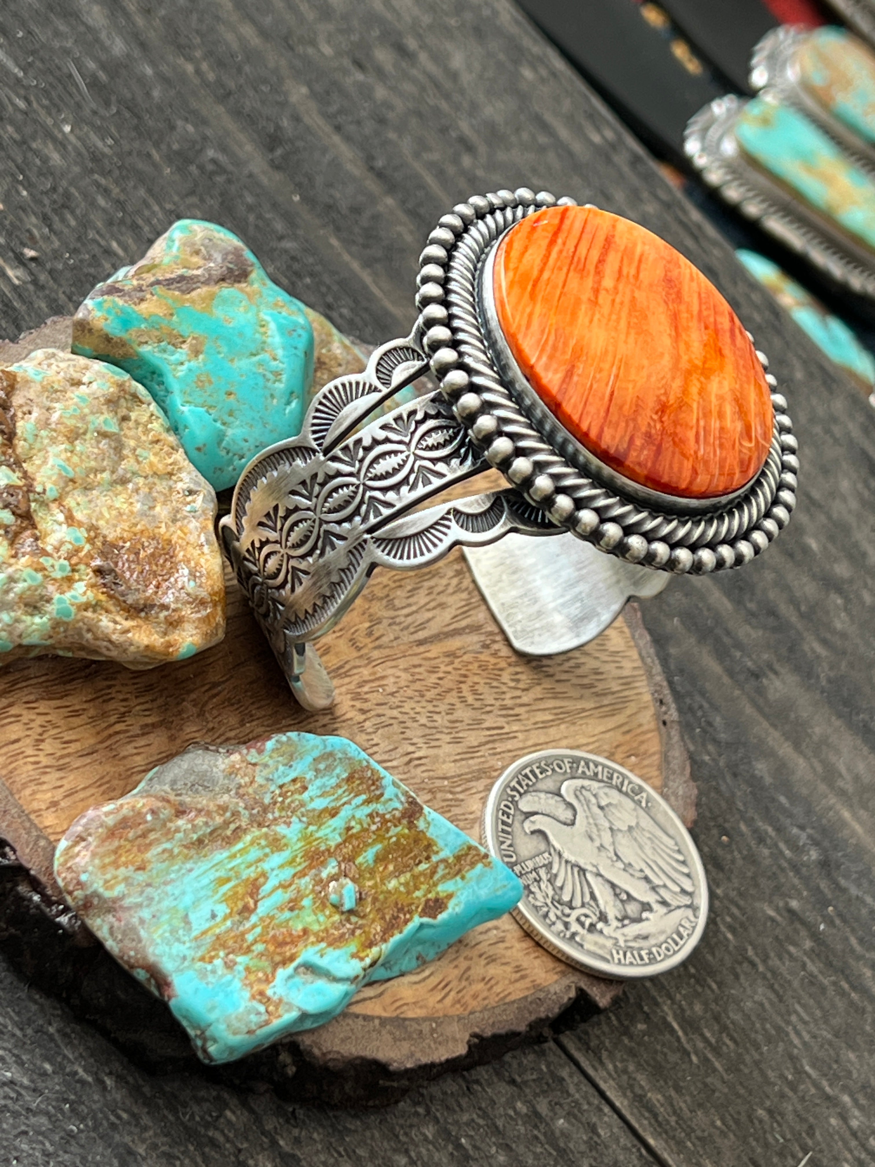 Handcrafted & Hand Stamped Sterling Silver Split Cuff Bracelet with Spiny Oyster Shell by Murphy Platero