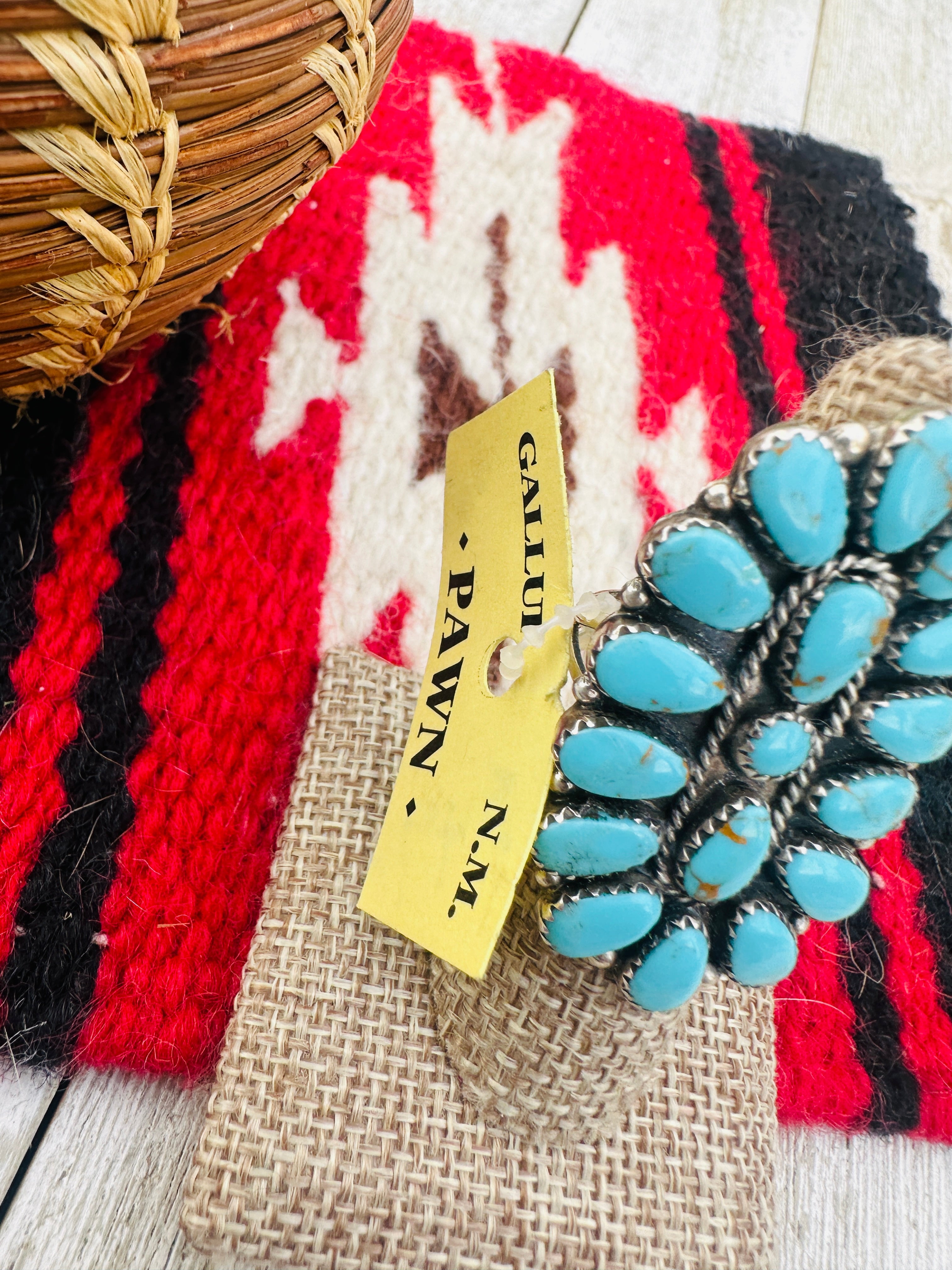 Old Pawn Handcrafted Turquoise & Sterling Silver Cluster Ring Size 9.5