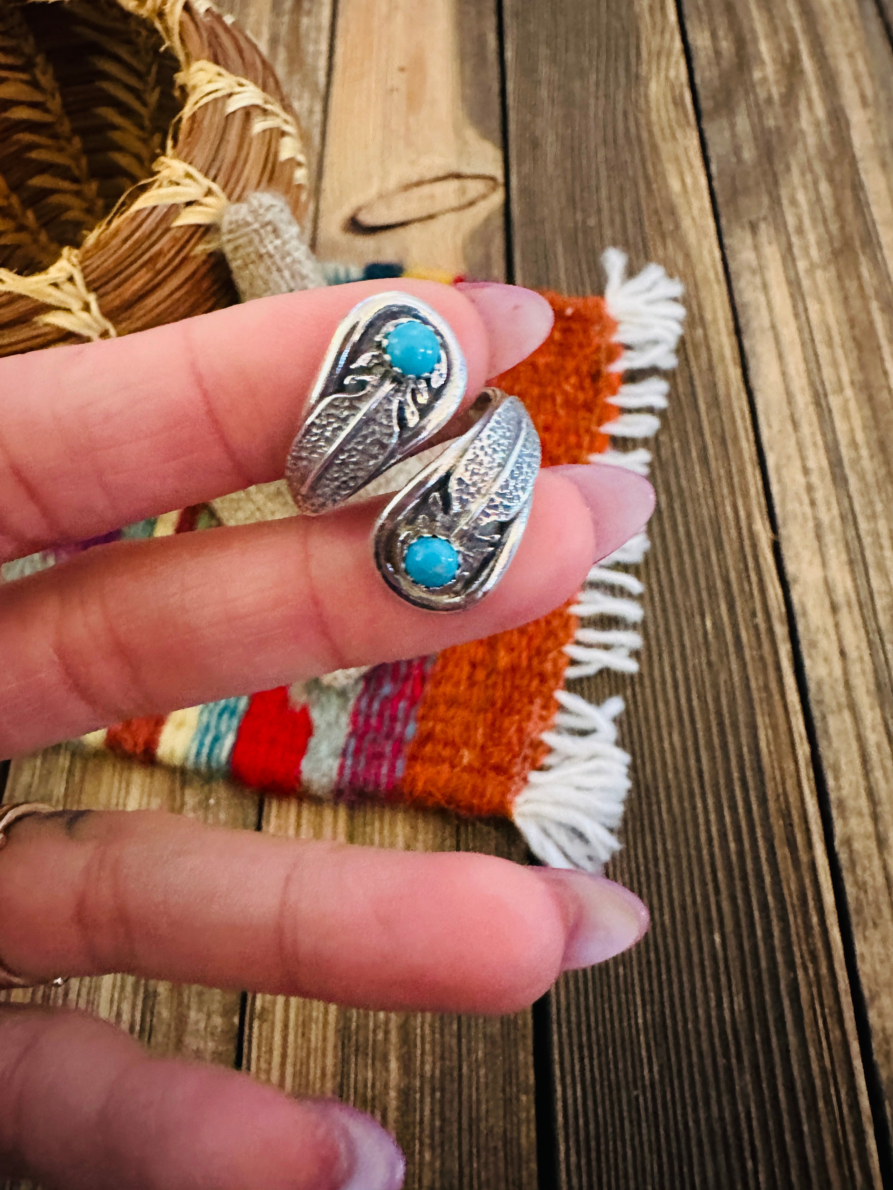 Handcrafted Turquoise & Sterling Silver Adjustable Feather Ring