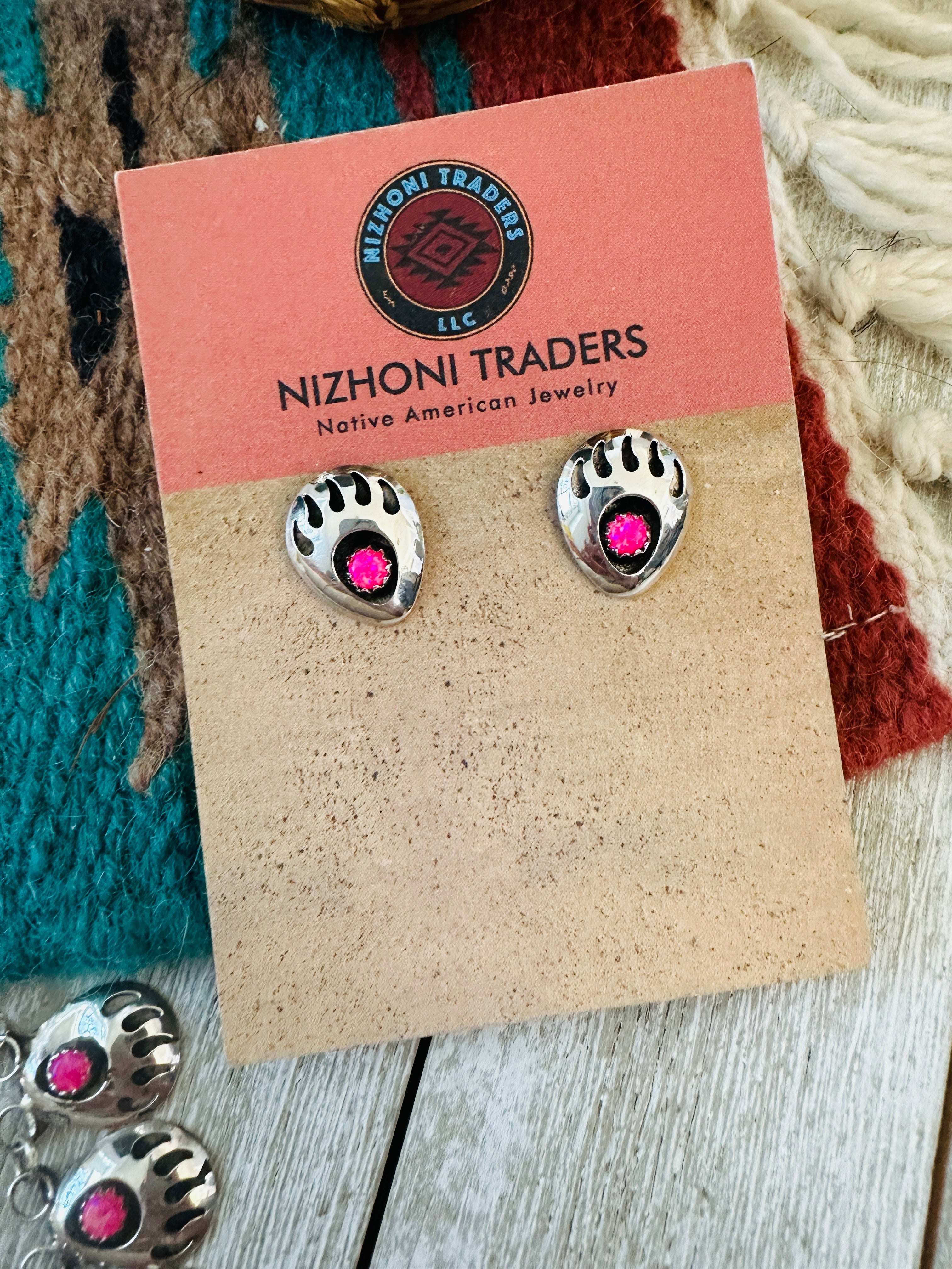 Handcrafted Sterling Silver & Pink Opal Bear Paw Necklace & Earring Set