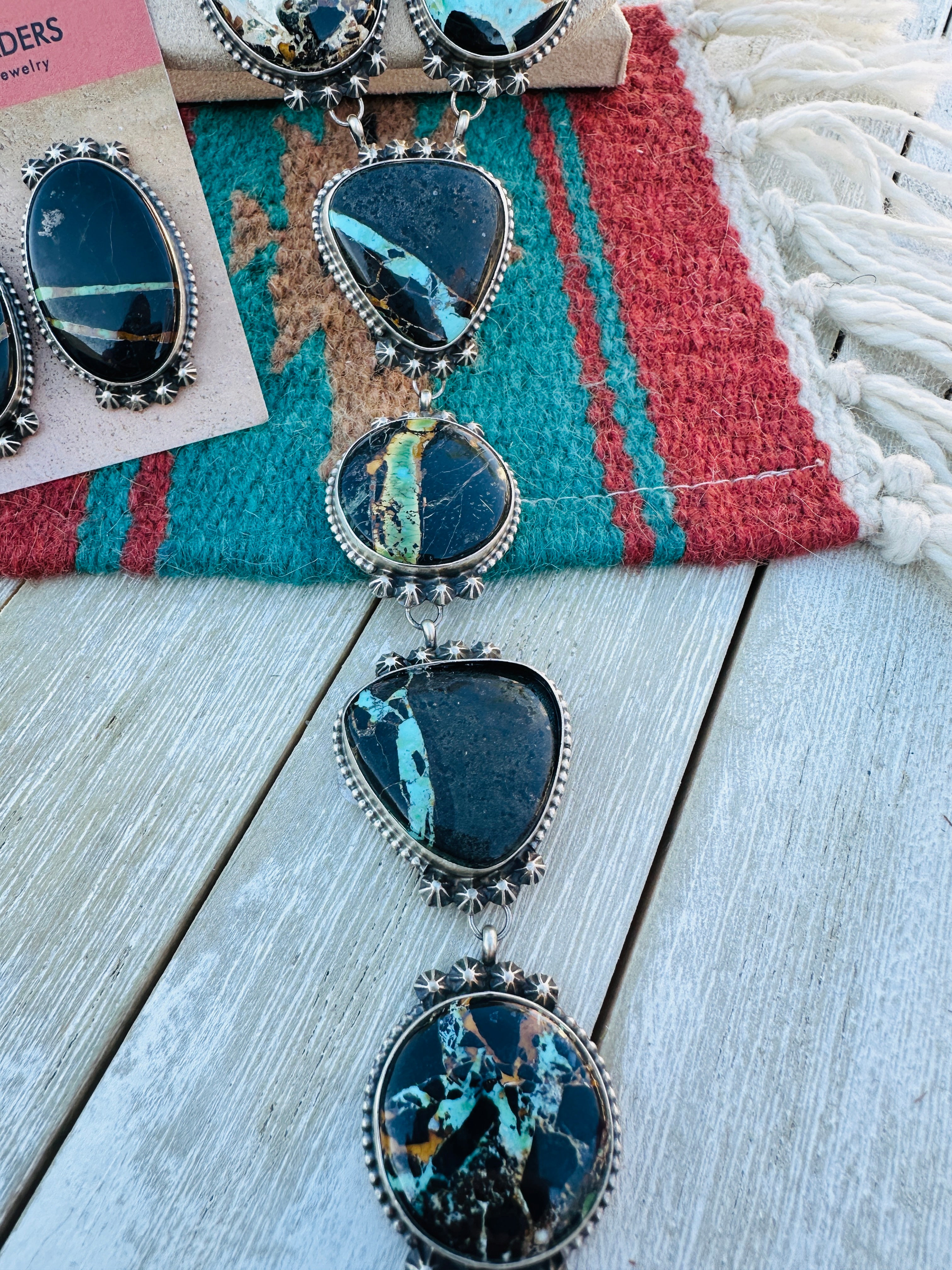 Handcrafted Blackjack Turquoise & Sterling Silver Necklace Set by Dave Skeets