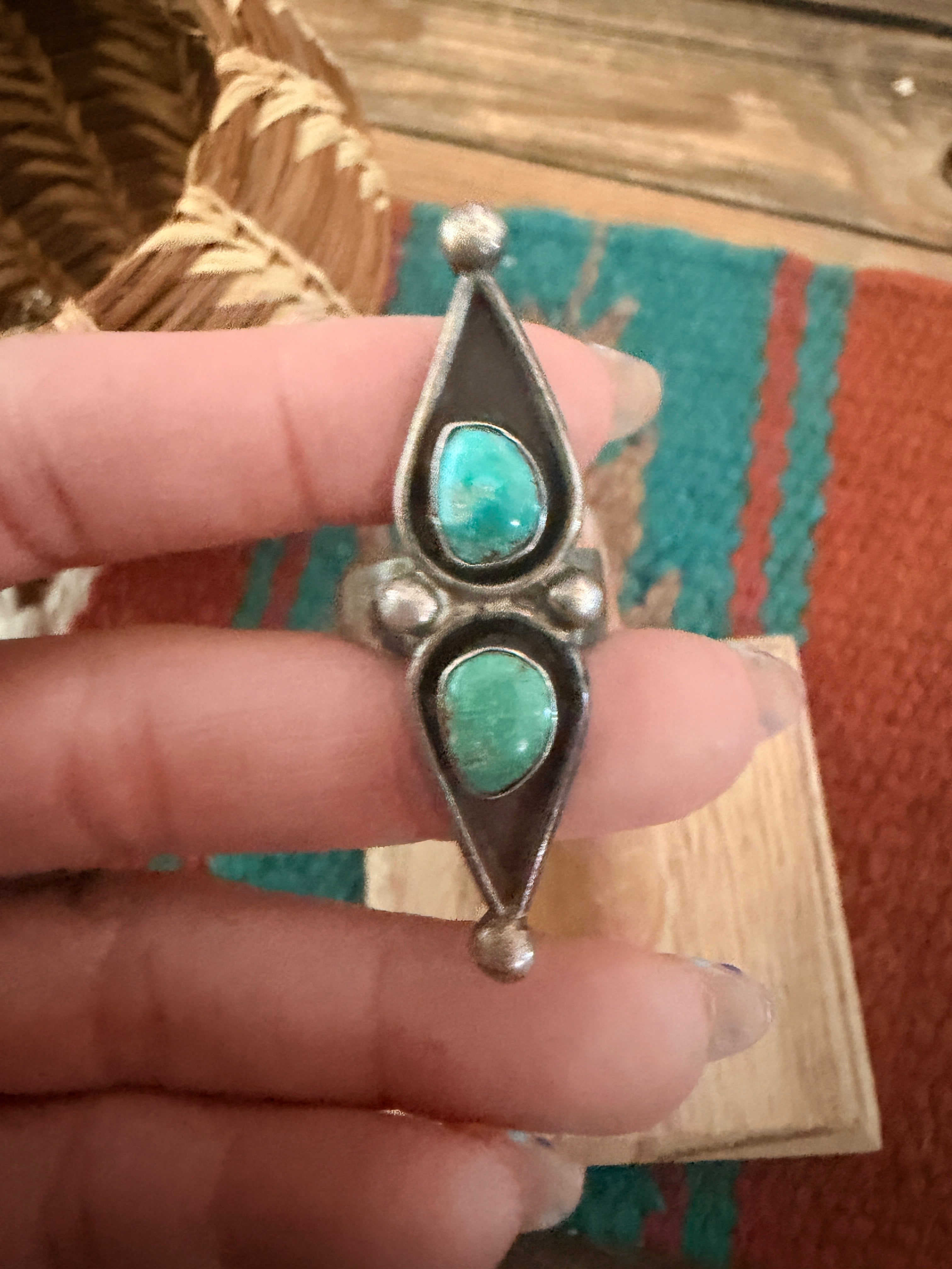 Old Pawn Handcrafted Turquoise & Sterling Silver Shadowbox Ring Size 6
