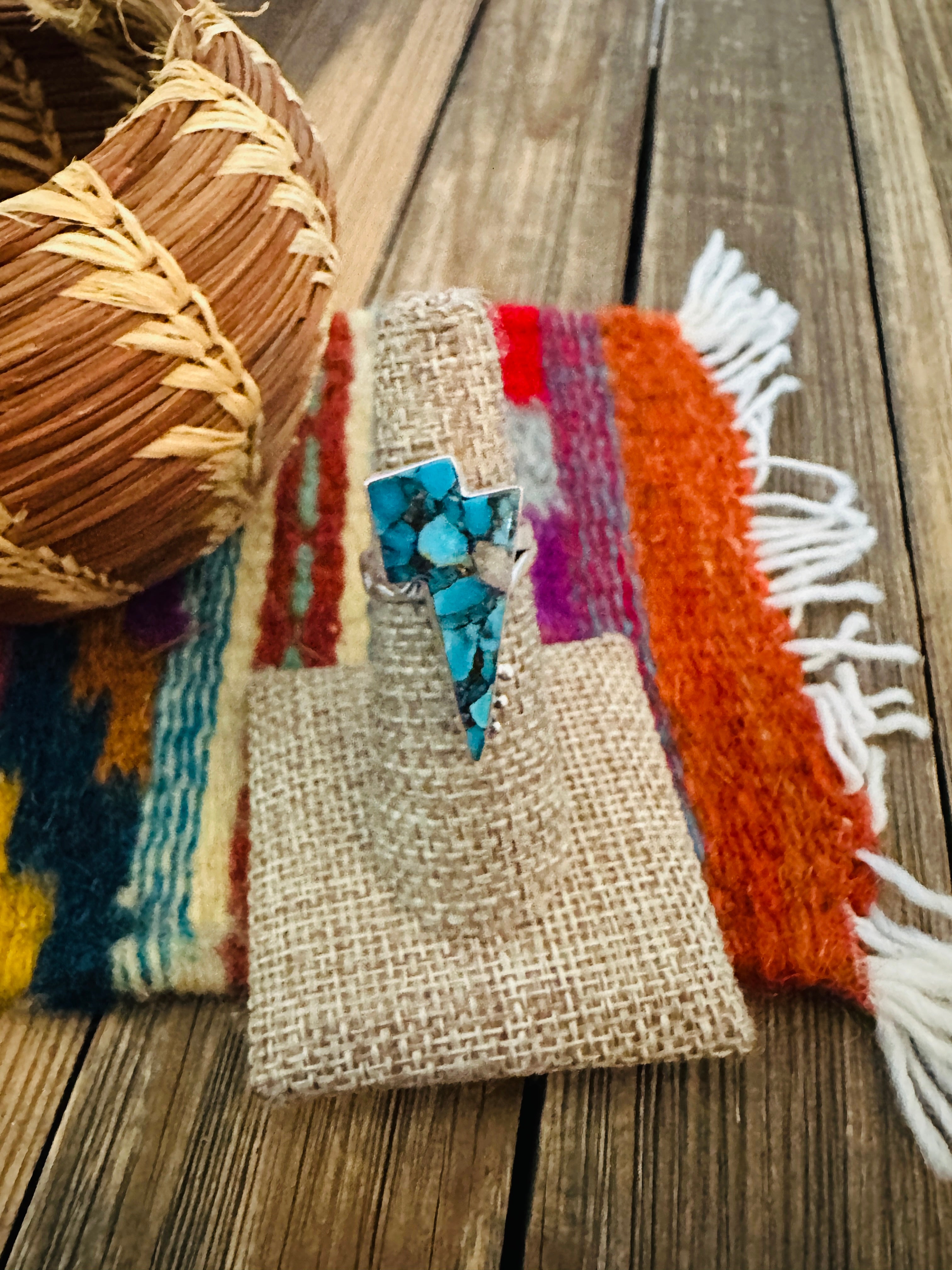 Handcrafted Turquoise & Sterling Silver Lightning Bolt Adjustable Ring