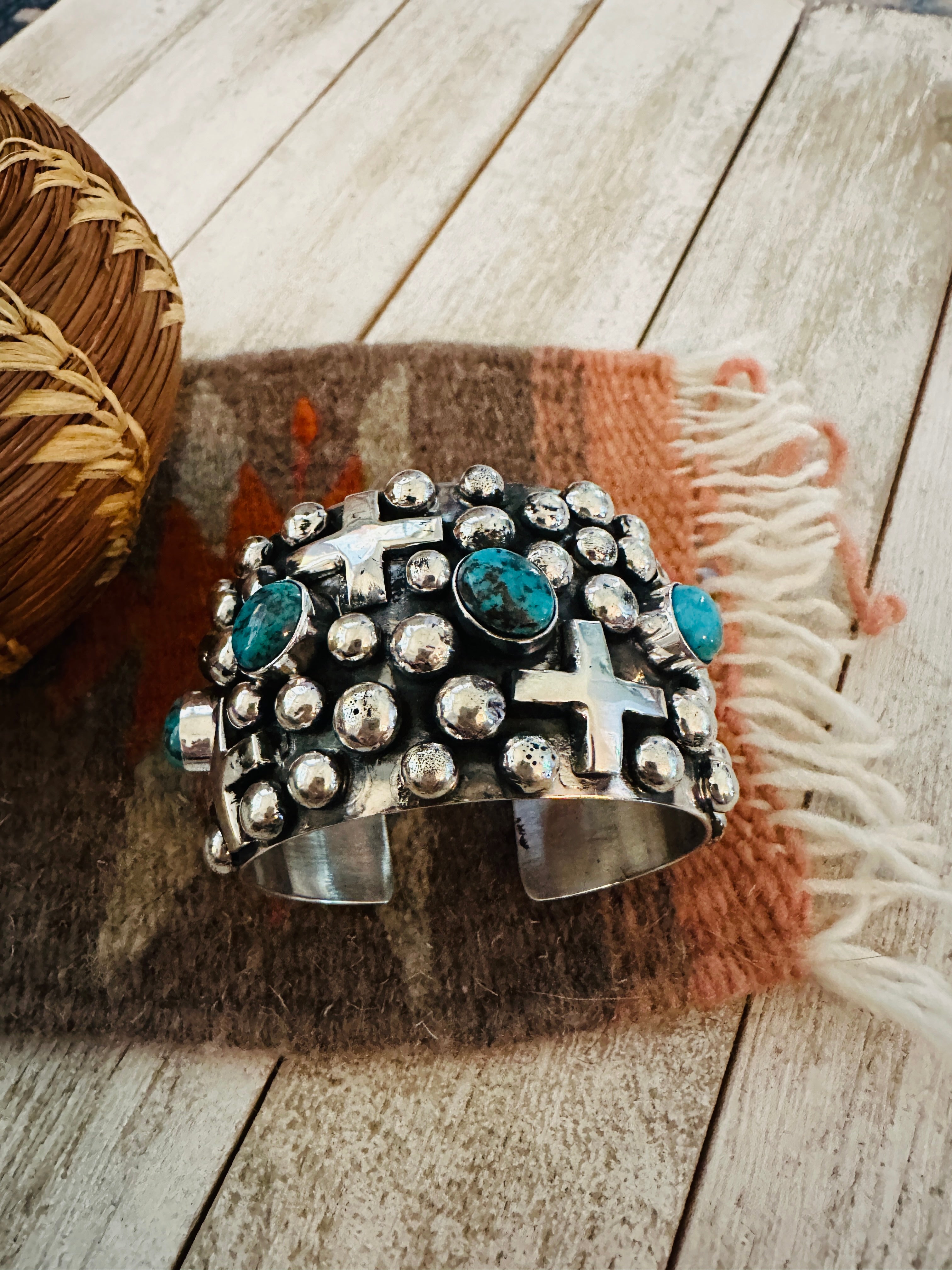 Handcrafted Turquoise & Sterling Silver Cross Cuff Bracelet By Chimney Butte w/ Matrix /