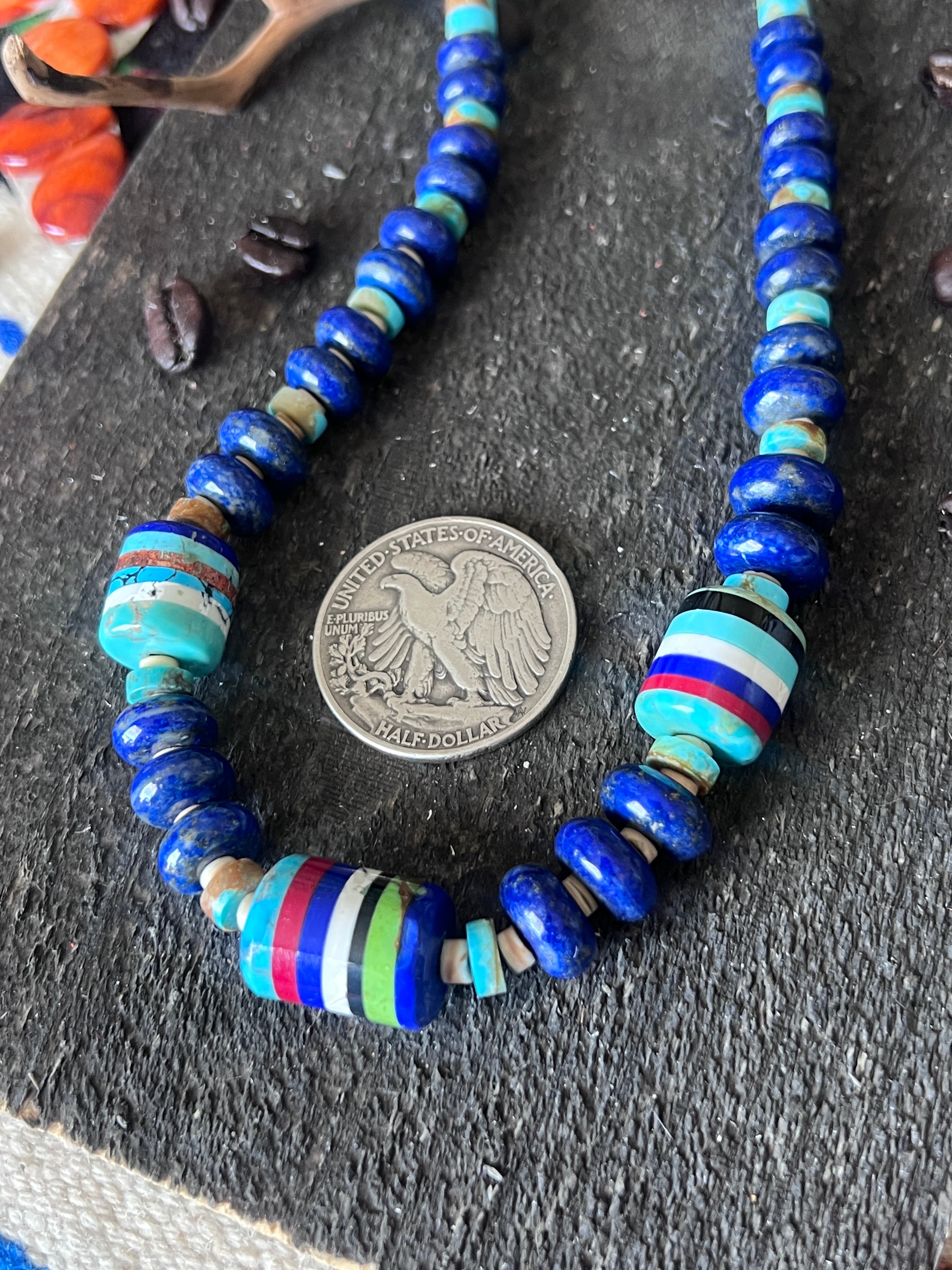 Ronald Chavez Handcrafted Multistone Beaded Santo Domingo Necklace with Lapis Rondelles