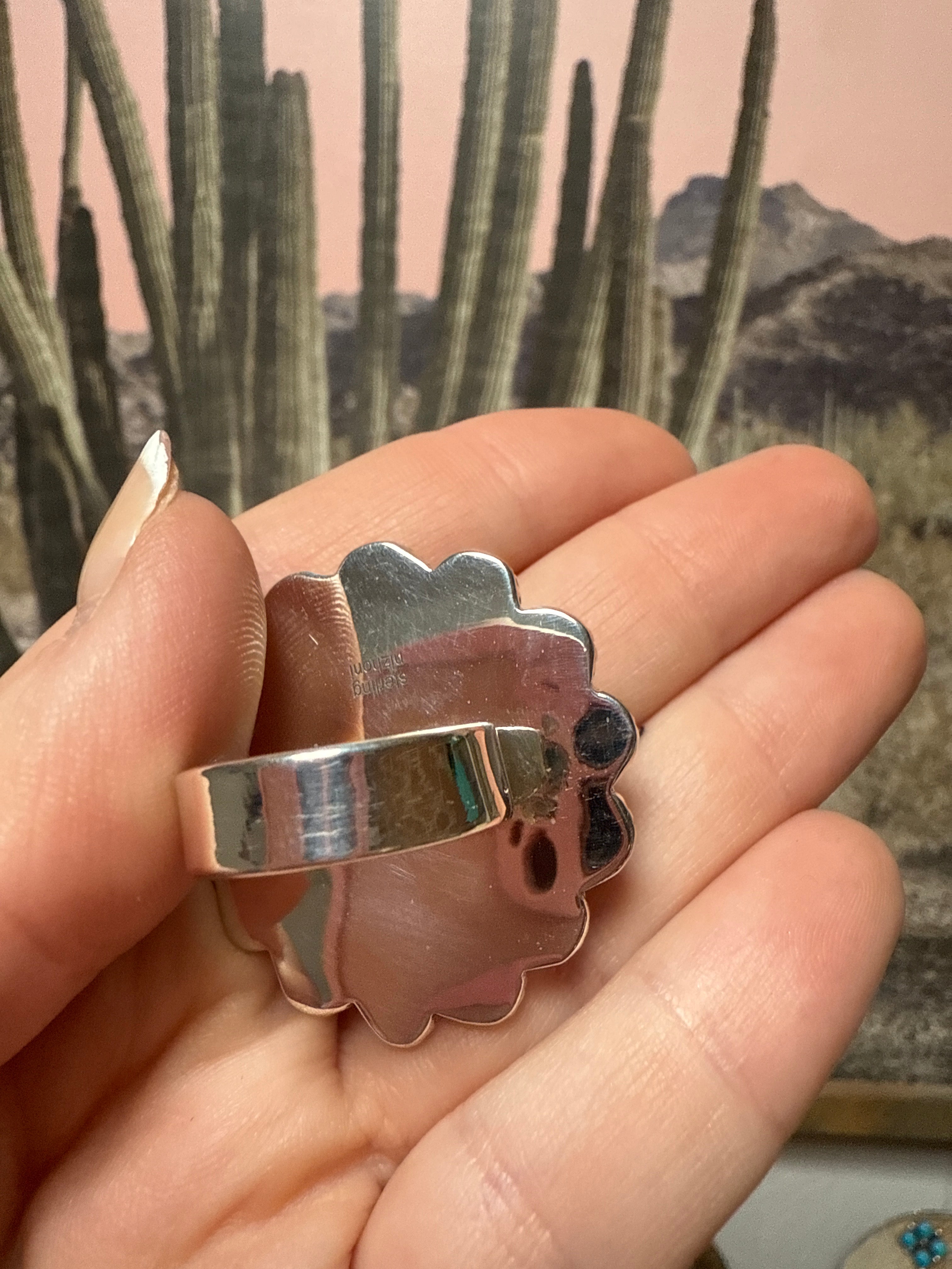 Handmade Pink Conch & Palomino Turquoise Sterling Adjustable Ring