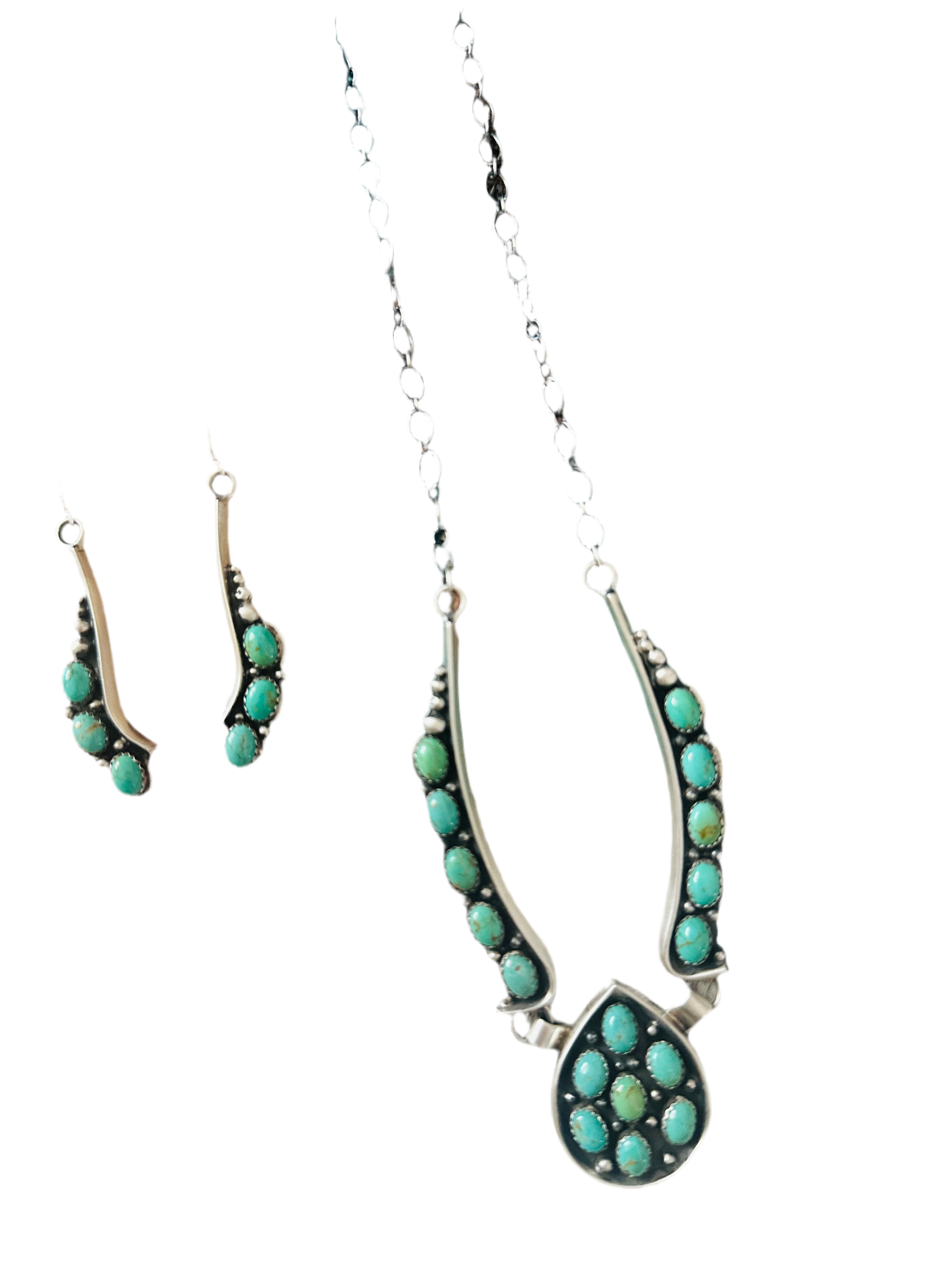 Handcrafted Sterling Silver & Turquoise Cluster Necklace and Earring Set