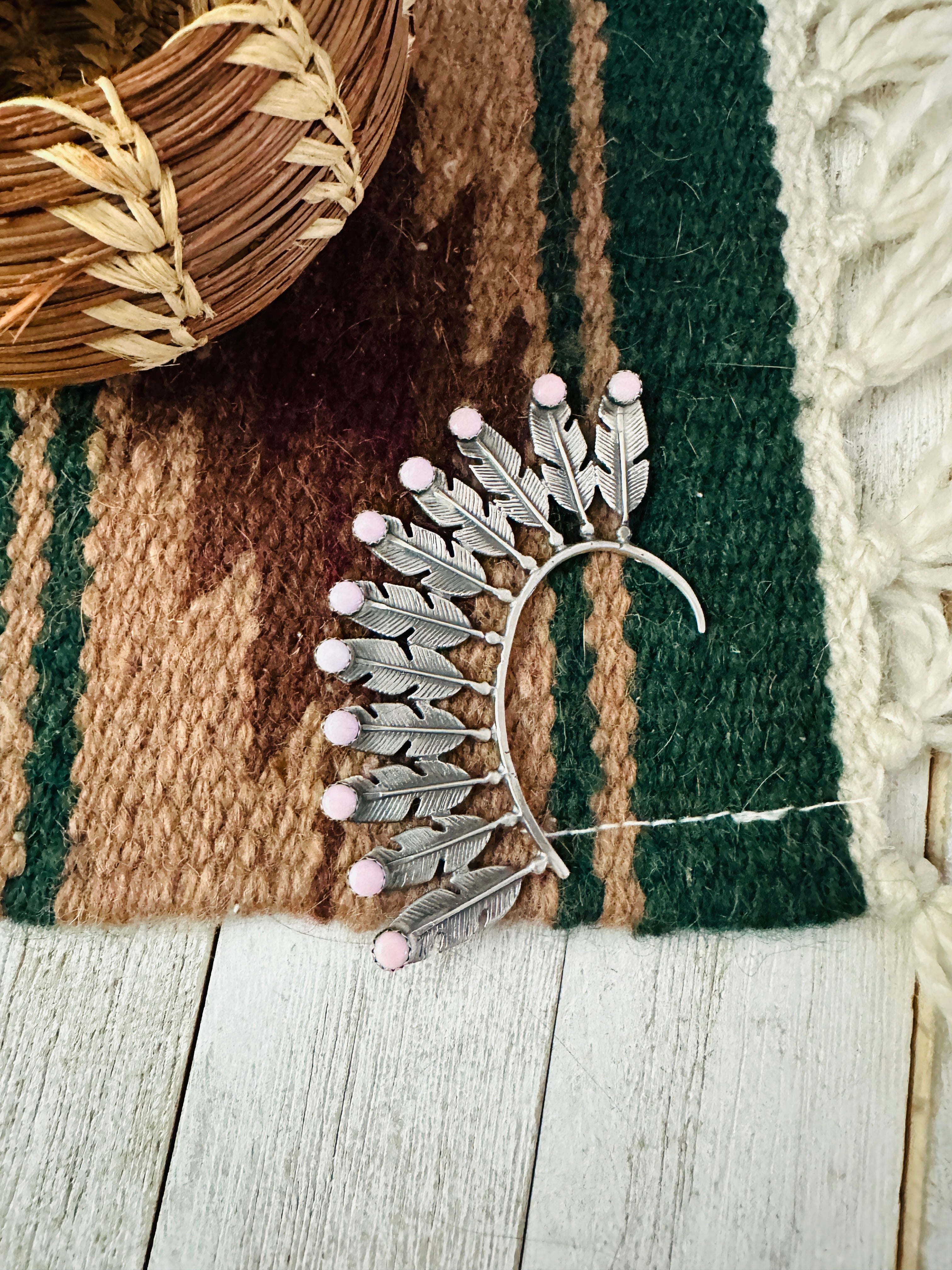 Handcrafted Queen Pink Conch & Sterling Silver Feather Cuff Earring