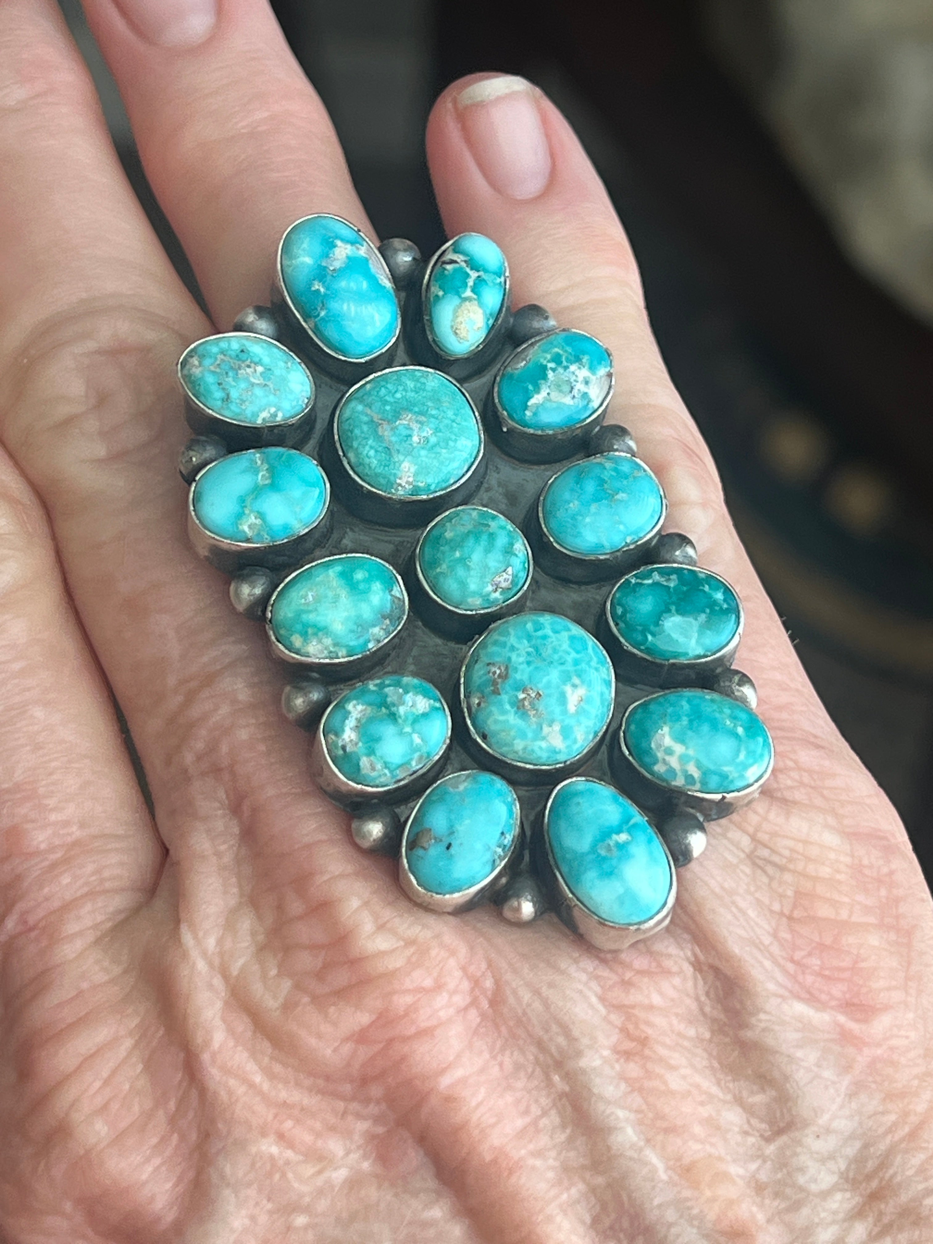 Handcrafted Paul Livingston Sterling Silver and Campitos Turquoise Cluster Ring, Size 7