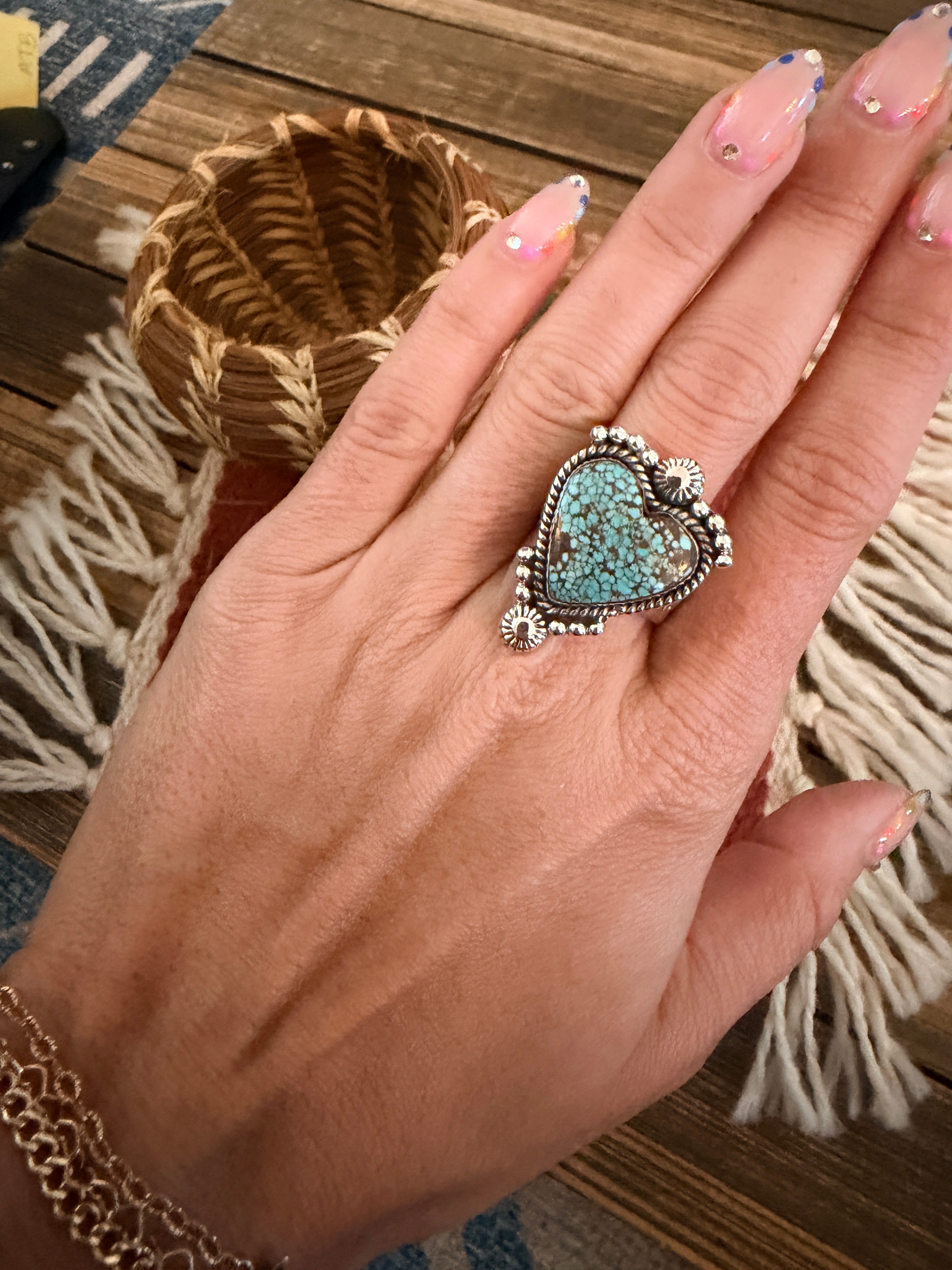 Handmade Sterling Silver Number 8 Turquoise Adjustable Heart Ring Signed Nizhoni