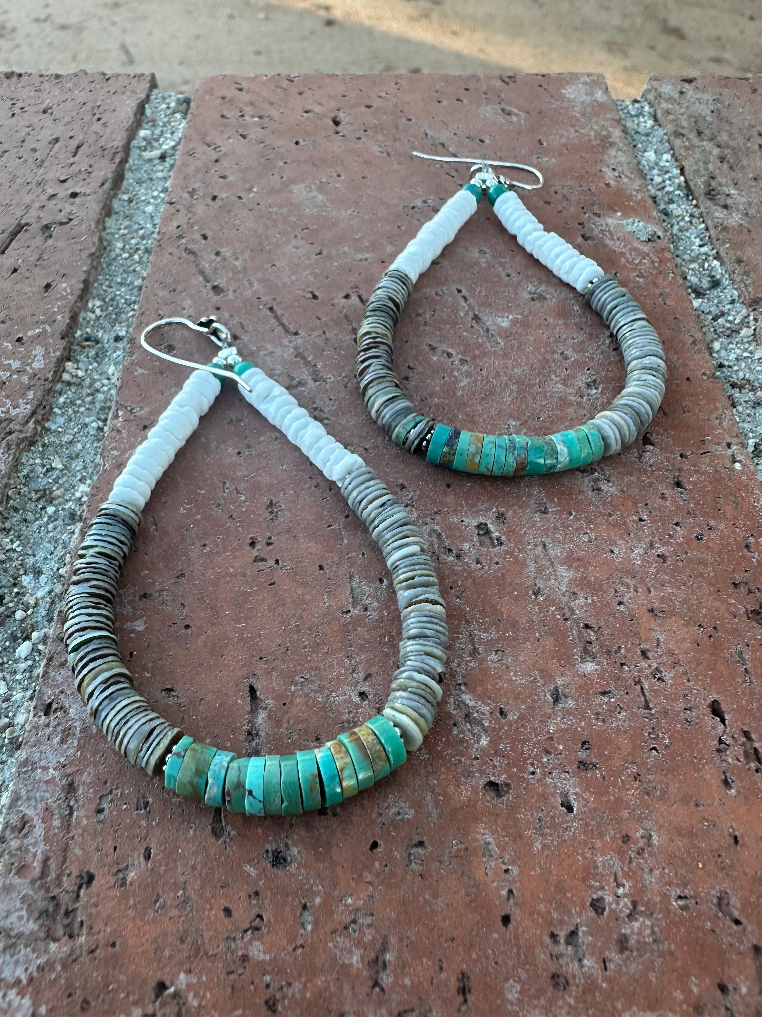 Handmade Turquoise & Heishi Beaded Hoop Earrings 4”