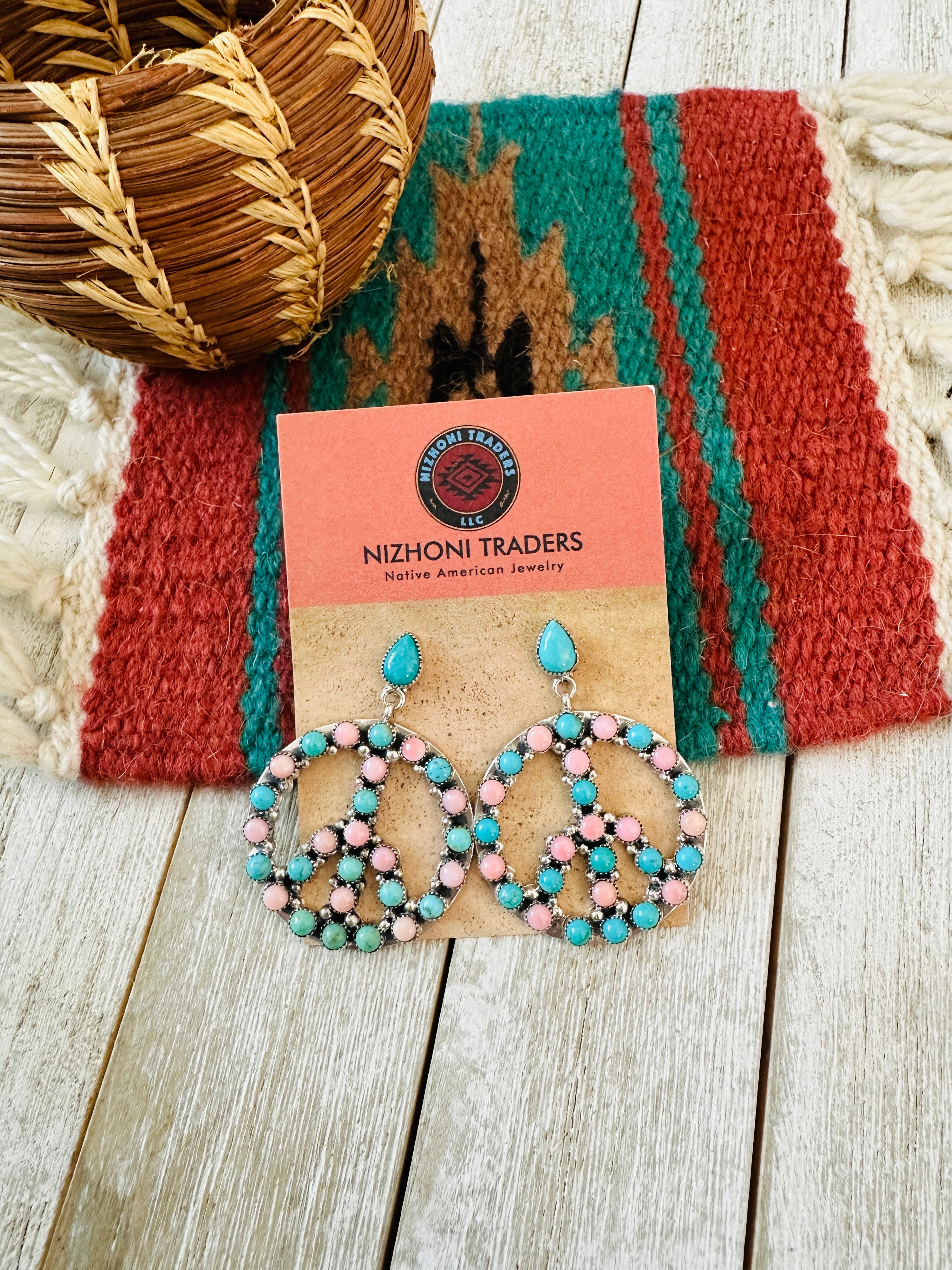 Handcrafted Turquoise, Queen Pink Conch & Sterling Silver Peace Sign Dangle Earrings